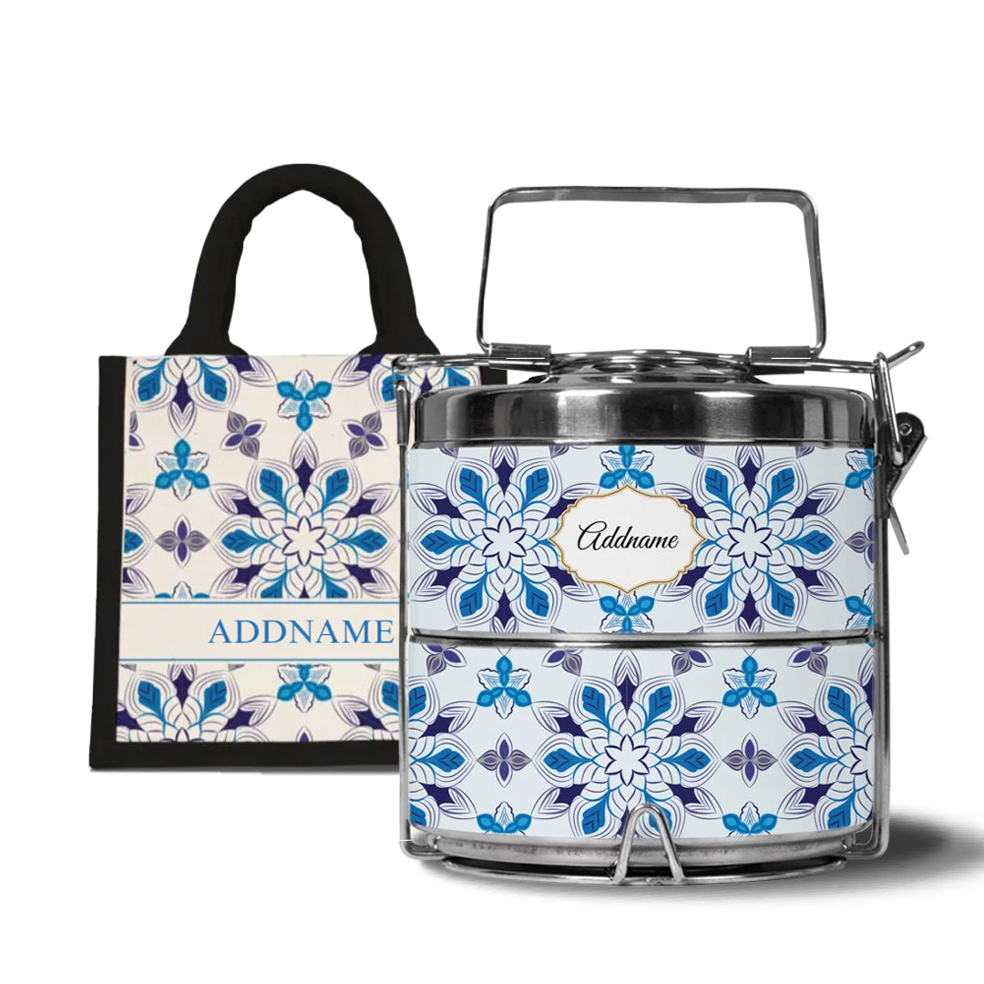 Moroccan Series - Arabesque Frost - Lunch Tote Bag with Two-Tier Tiffin Carrier