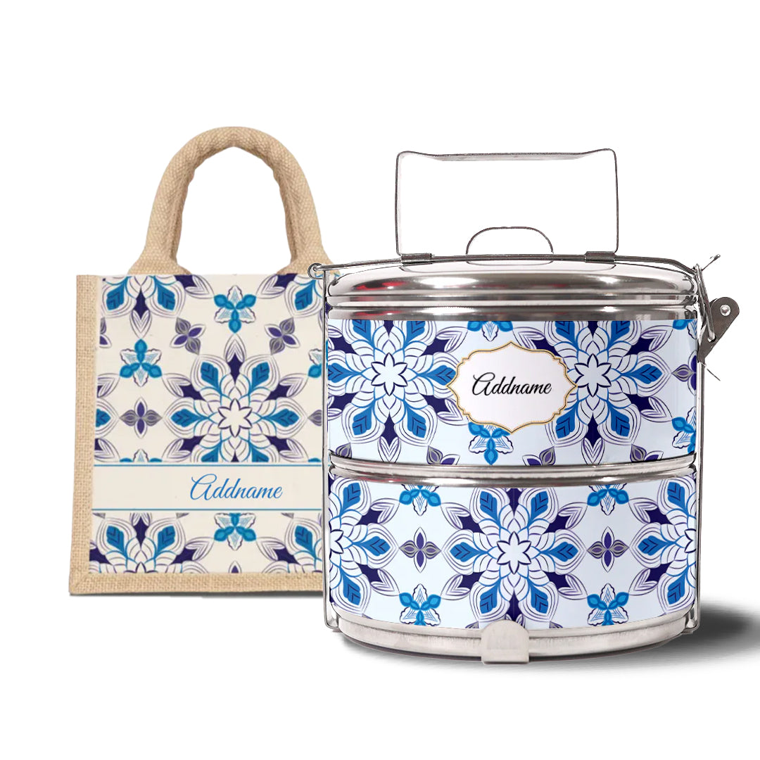 Moroccan Series - Arabesque Frost - Lunch Tote Bag with Two-Tier Tiffin Carrier