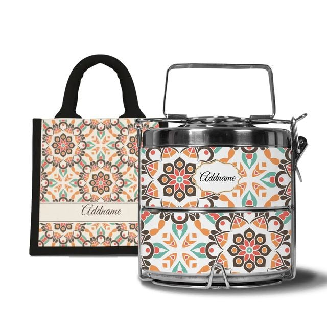 Moroccan Series - Arabesque Geo Brown - Lunch Tote Bag with Two-Tier Tiffin Carrier