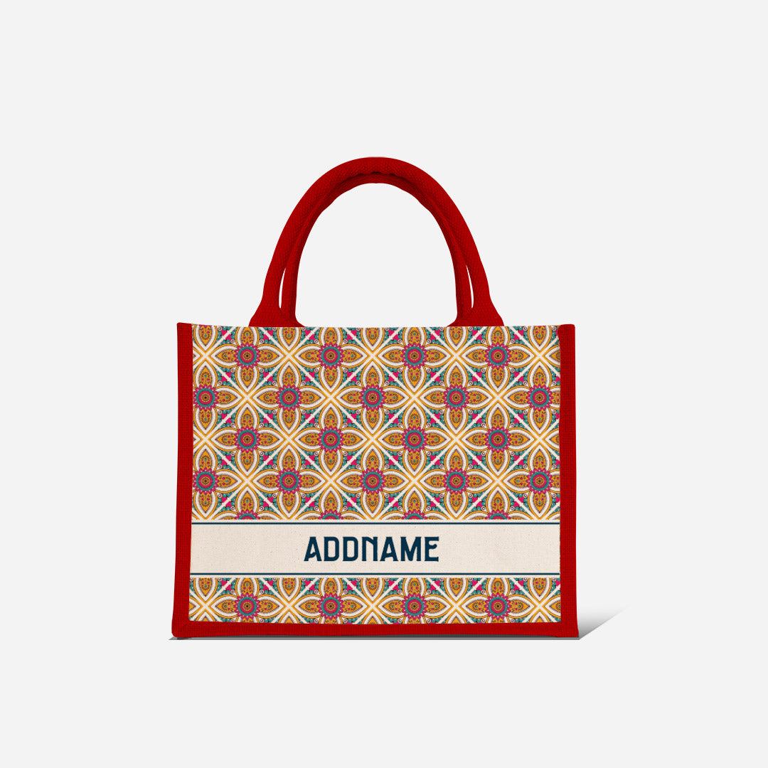 Pookal Series Half Lining Small Jute Bag - Vibrant Tiles Red
