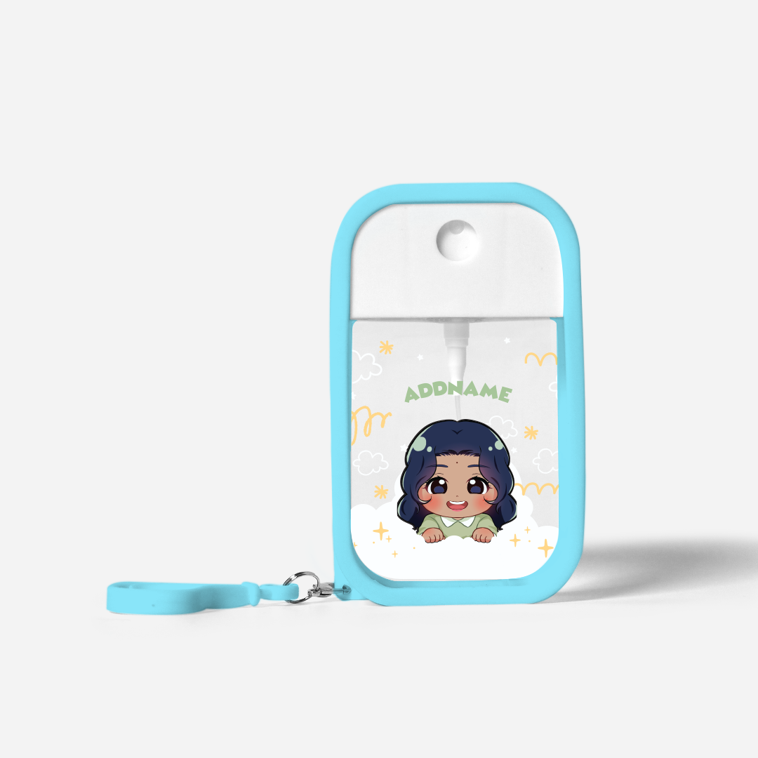Chibi Me Series Refillable Hand Sanitizer with Personalisation - Indian Female Light BLue