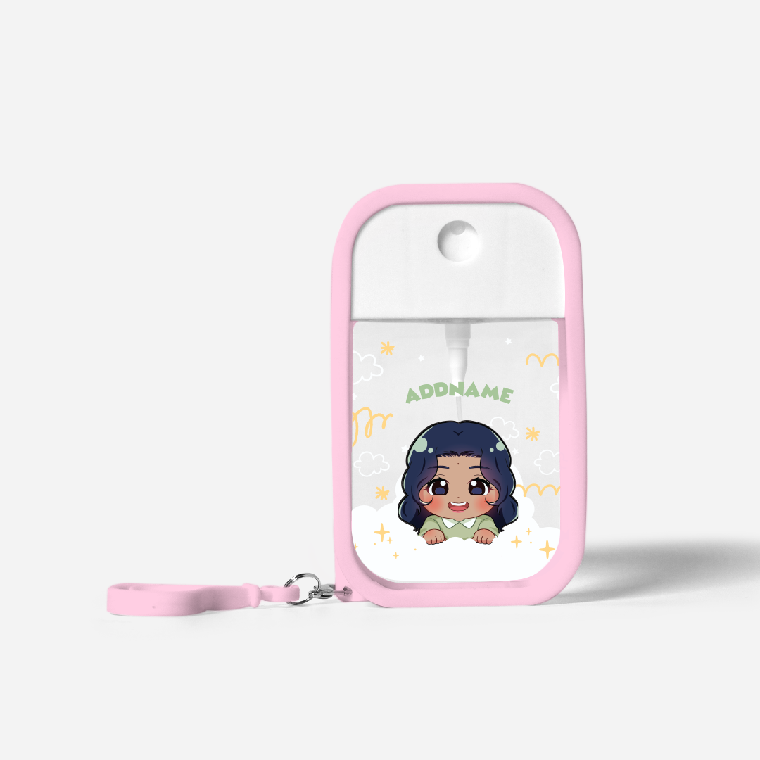 Chibi Me Series Refillable Hand Sanitizer with Personalisation - Indian Female Light Pink