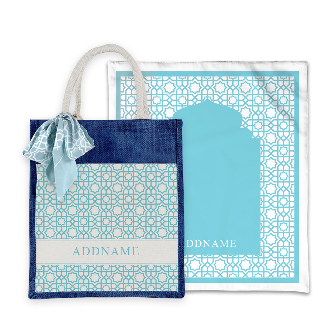 Annas Series - Pastel Sky Blue Prayer Mat with Matching Colourful Jute Bag