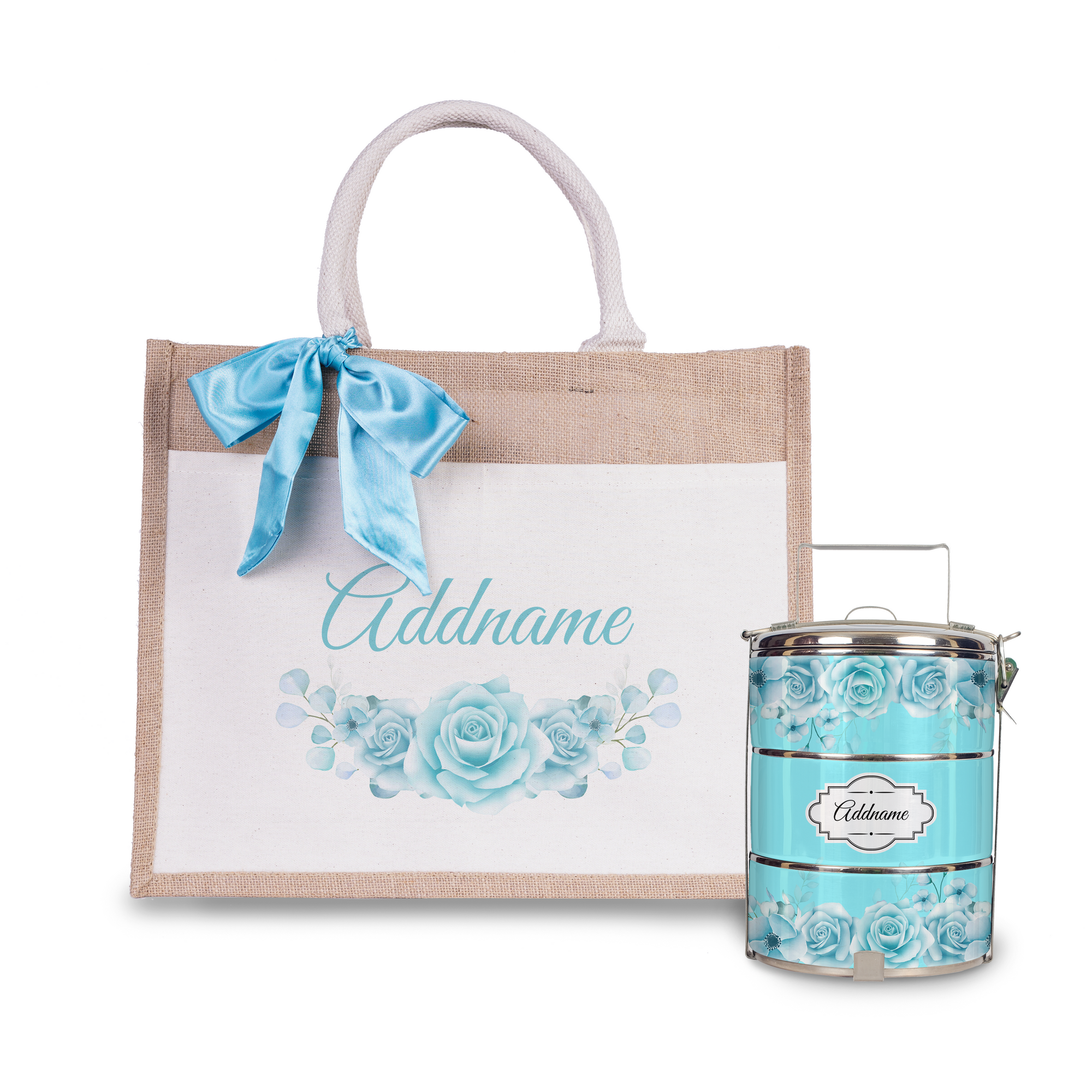 Turquoise Rose Tiffin Carrier and Jute Bag with Front Pocket Set