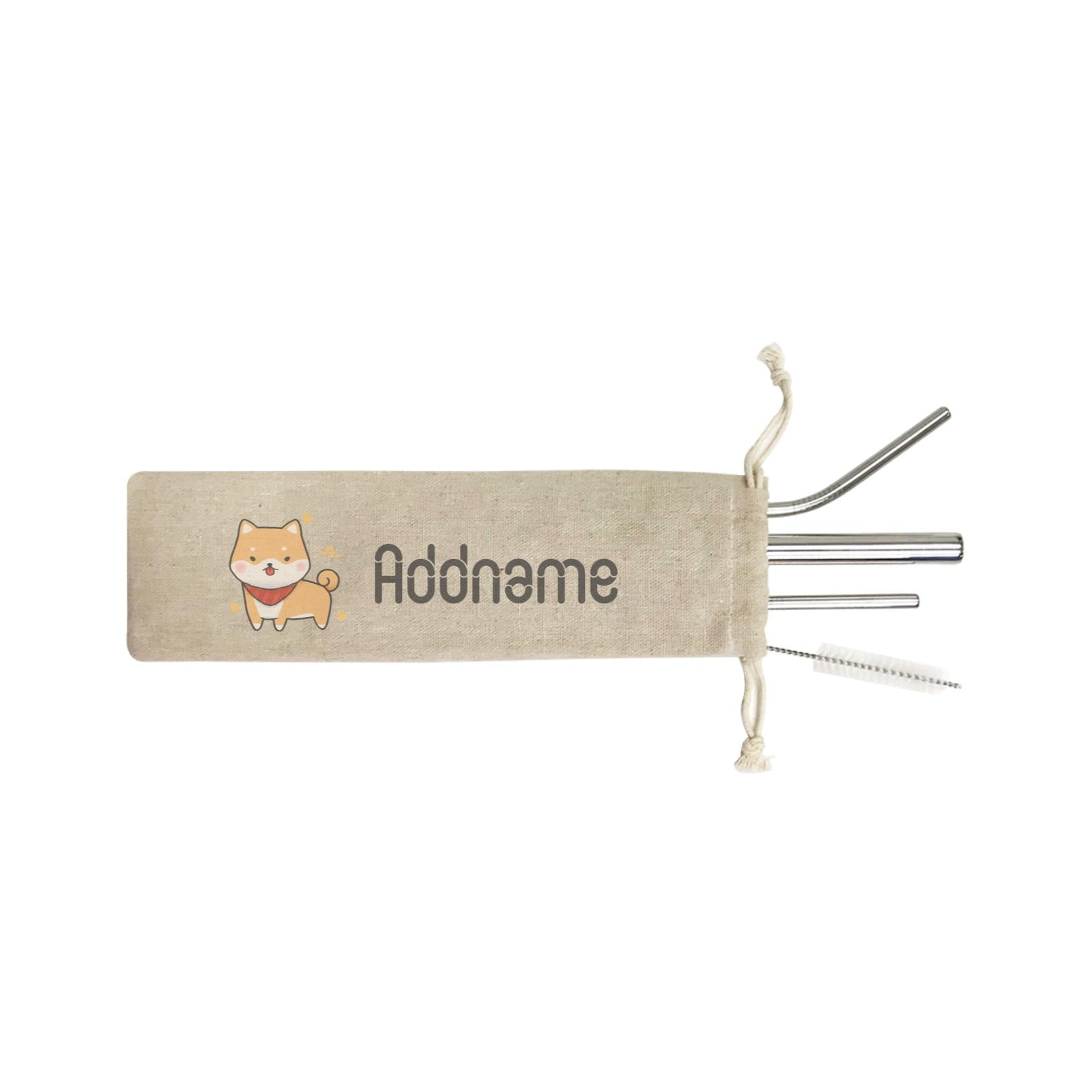 Cute Hand Drawn Style Shiba Inu Addname ST SZP 4-In-1 Stainless Steel Straw Set in Satchel