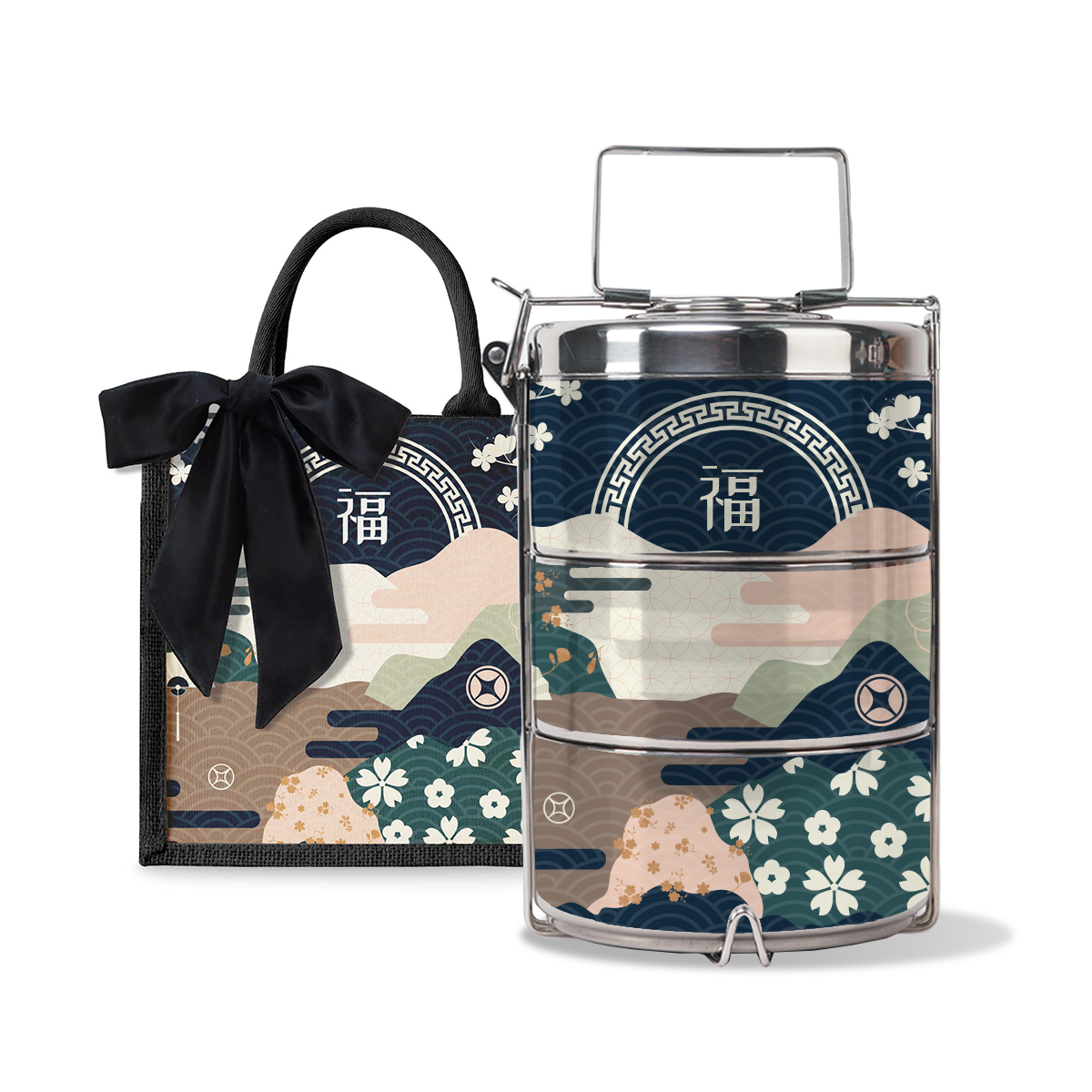 Fortune Garden (Navy Design) - Lunch Tote Bag with Three-Tier Tiffin Carrier