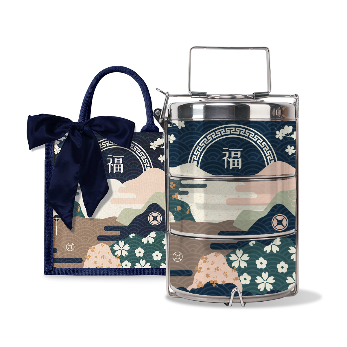Fortune Garden (Navy Design) - Lunch Tote Bag with Three-Tier Tiffin Carrier