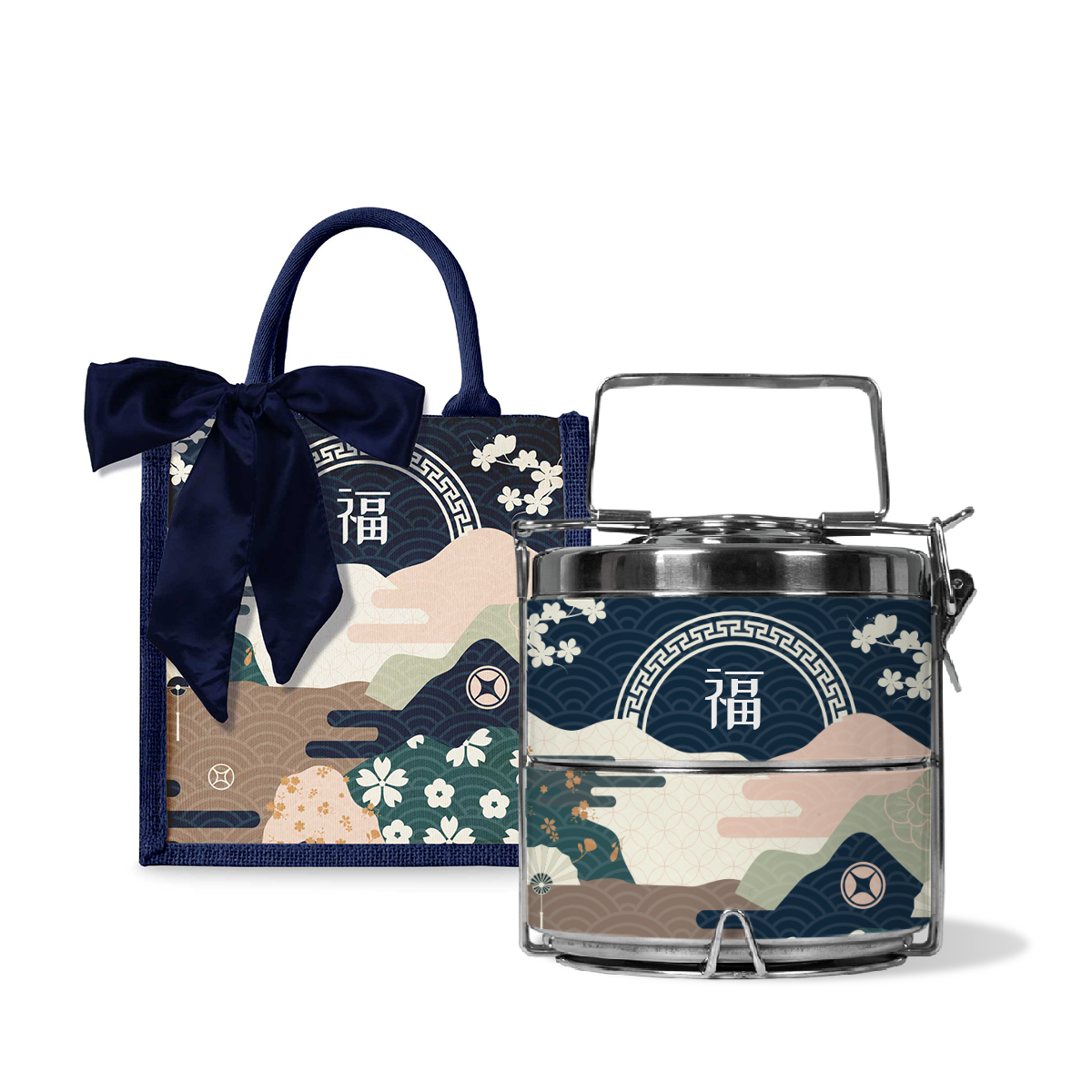 Fortune Garden (Navy Design) - Lunch Tote Bag with Two-Tier Tiffin Carrier