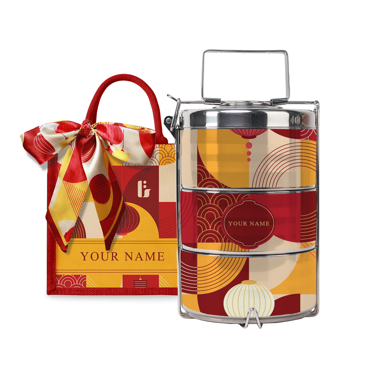 Lunar Blessing (Red Design) - Lunch Tote Bag with Three-Tier Tiffin Carrier