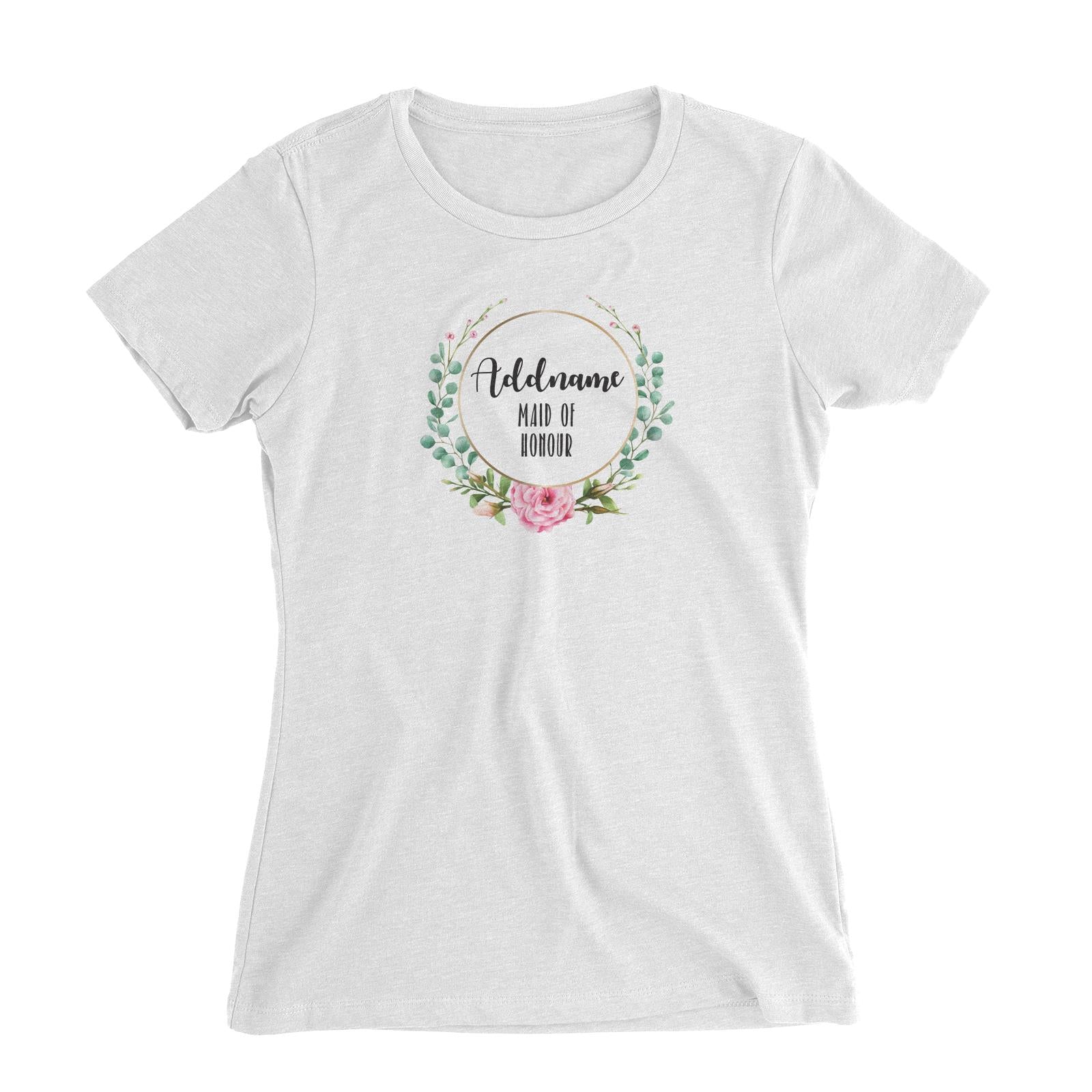 Bridesmaid Floral Modern Pink Flowers With Circle Maid Of Honour Addname Women Slim Fit T-Shirt