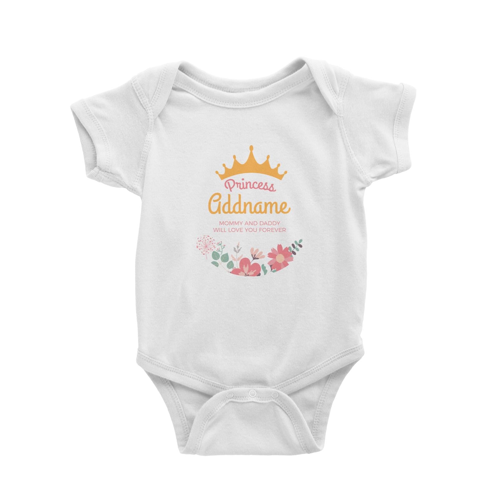 Princess with Tiara and Flowers 2 Personalizable with Name and Text Baby Romper