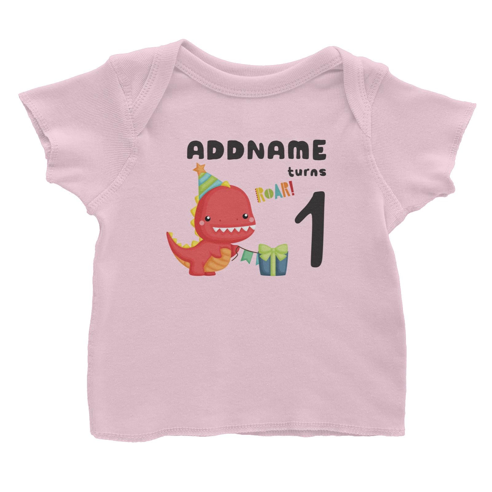 Birthday Dinosaur Happy Red Rex Wearing Party Hat Addname Turns 1 Baby T-Shirt