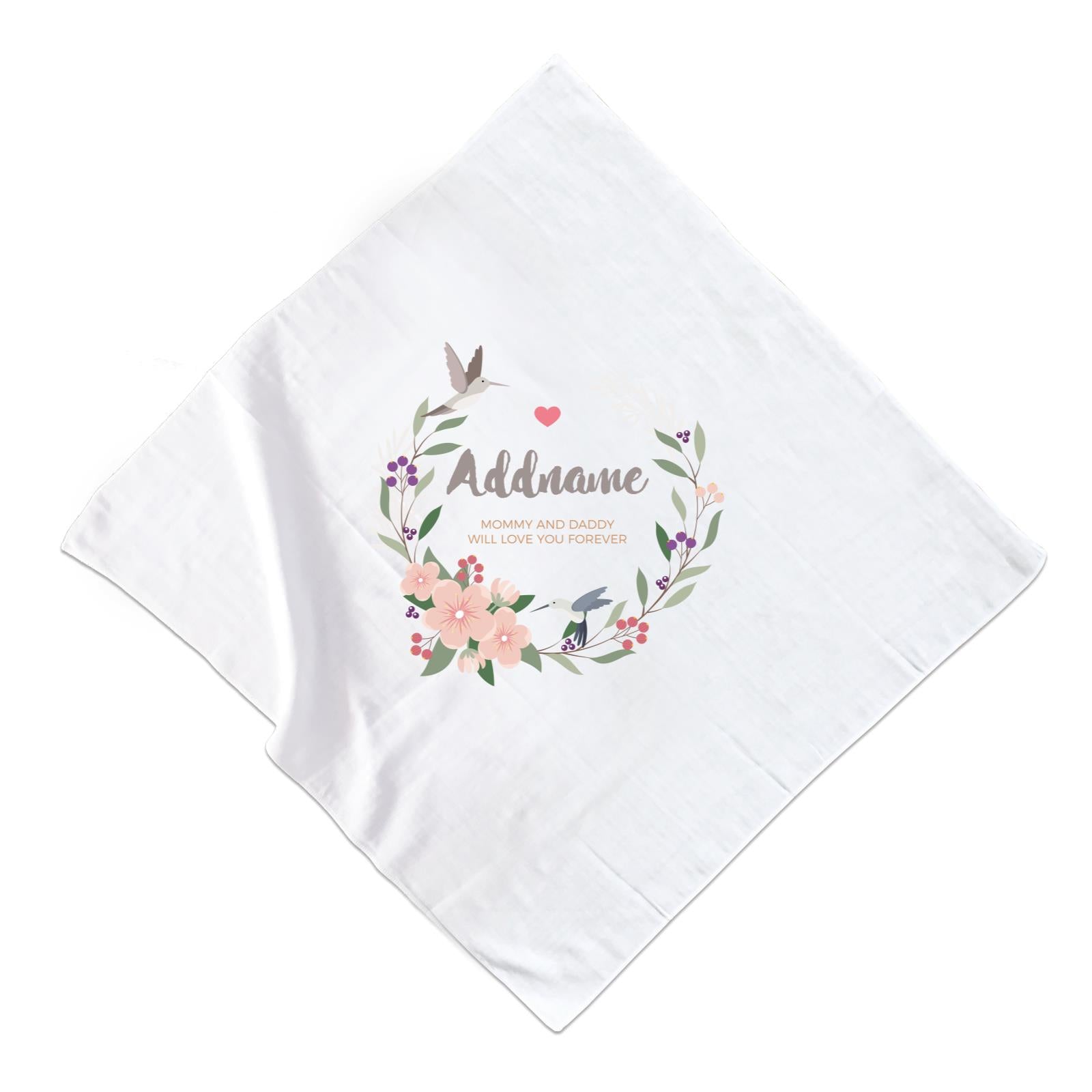 Pink Flower Berries Wreath and Hummingbirds Personalizable with Name and Text Muslin Square