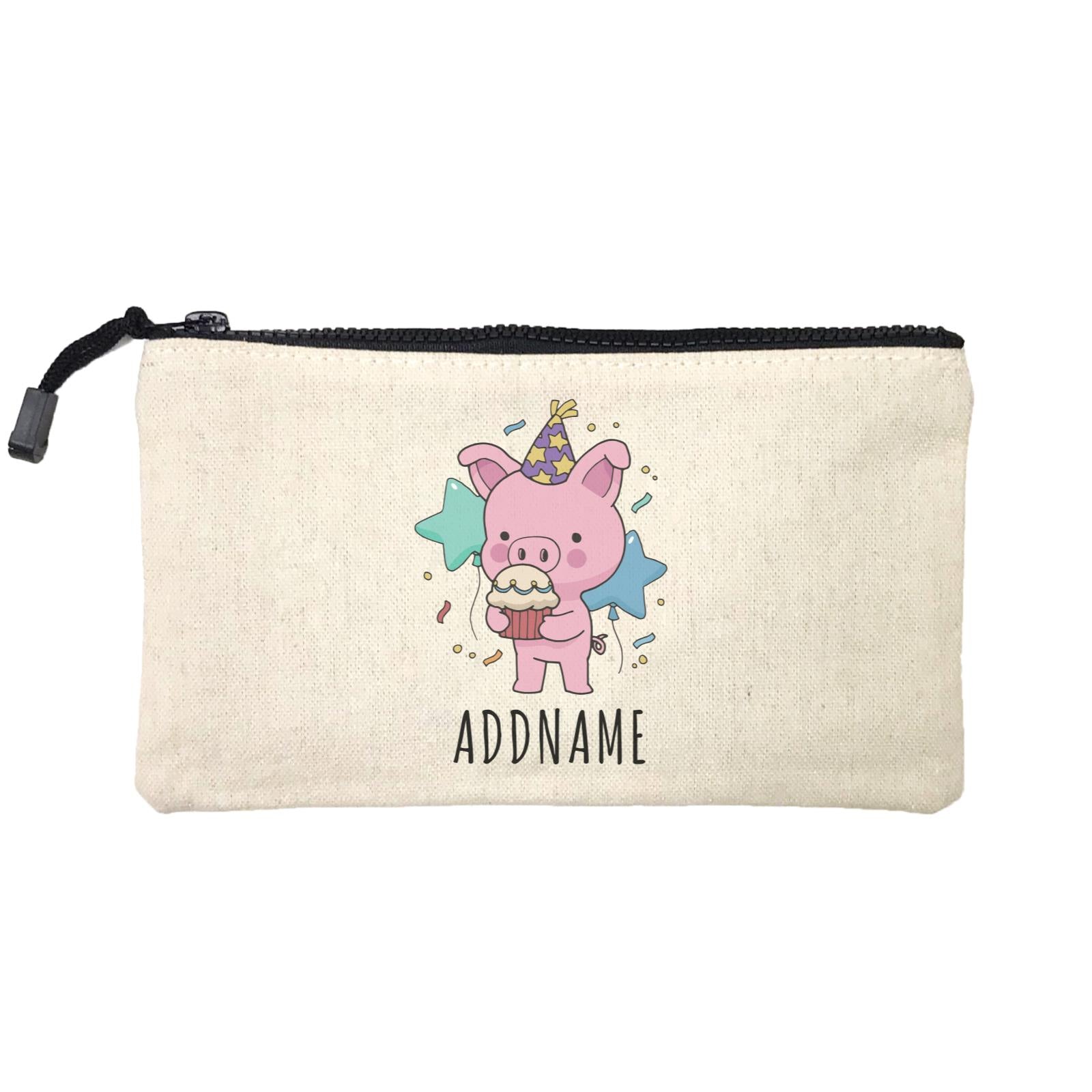 Birthday Sketch Animals Pig with Party Hat Eating Cupcake Addname Mini Accessories Stationery Pouch