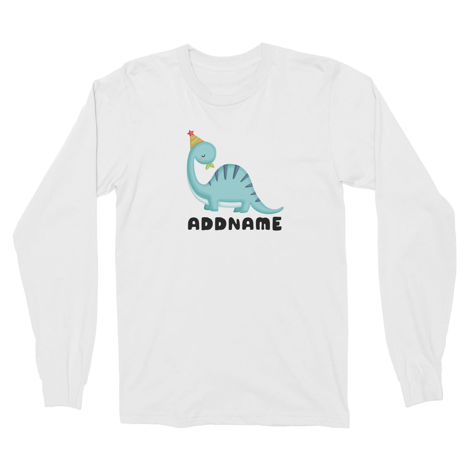 Birthday Dinosaur Happy Blue Long Neck With Party Hat Addname Long Sleeve Unisex T-Shirt