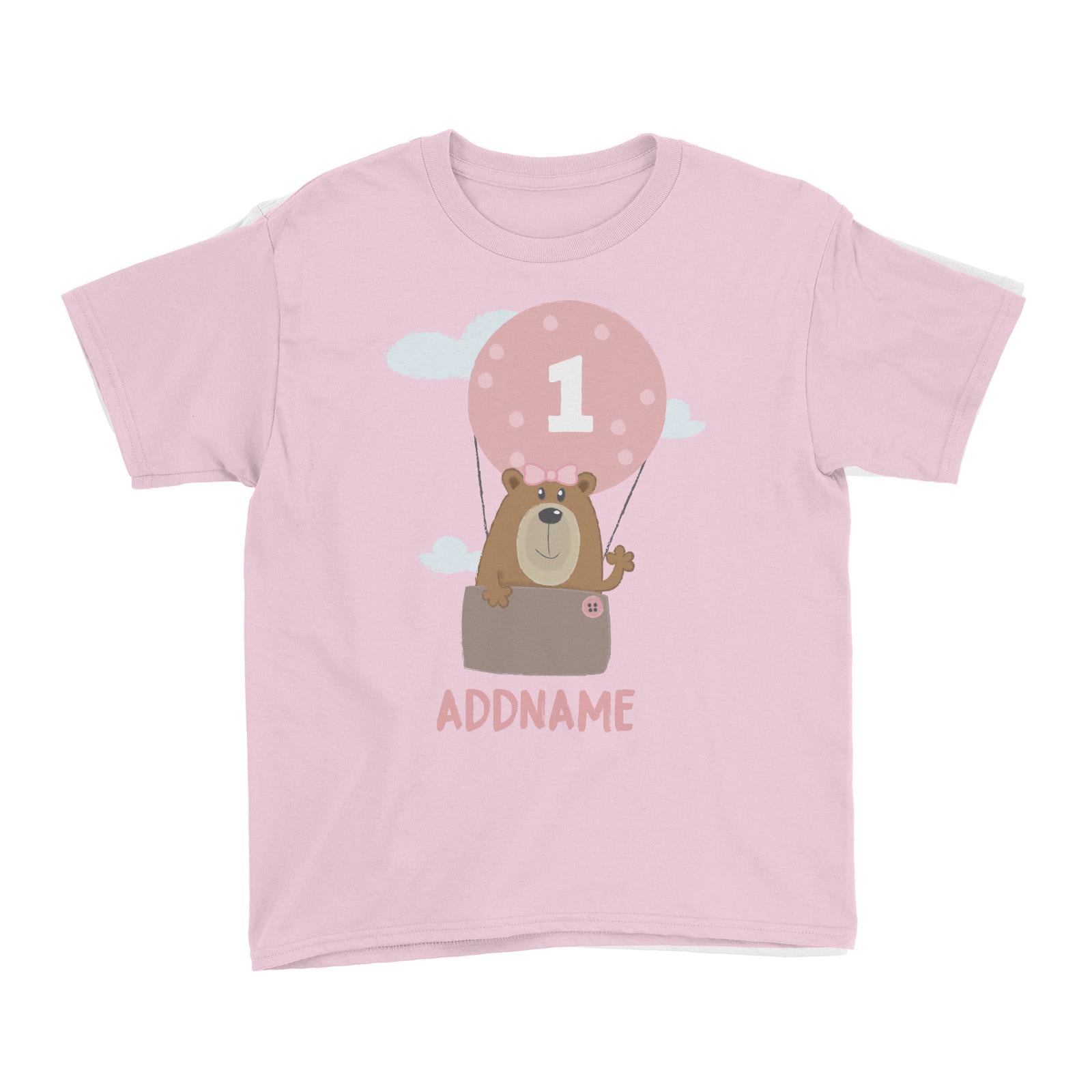 Cute Bear Girl with Hot Air Balloon Birthday Theme Personalizable with Name and Number Kid's T-Shirt