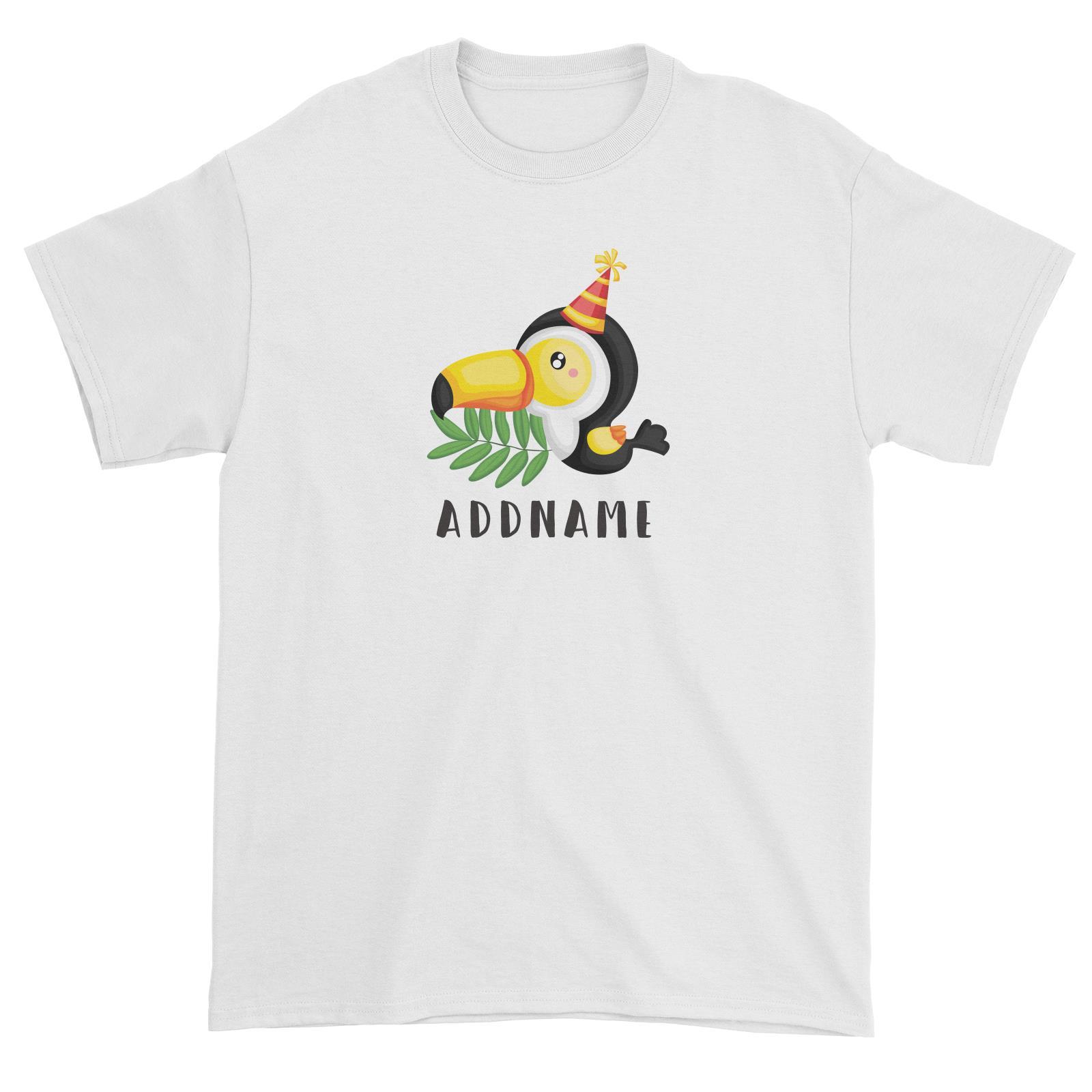 Birthday Safari Hornbill Wearing Party Hat Addname Unisex T-Shirt