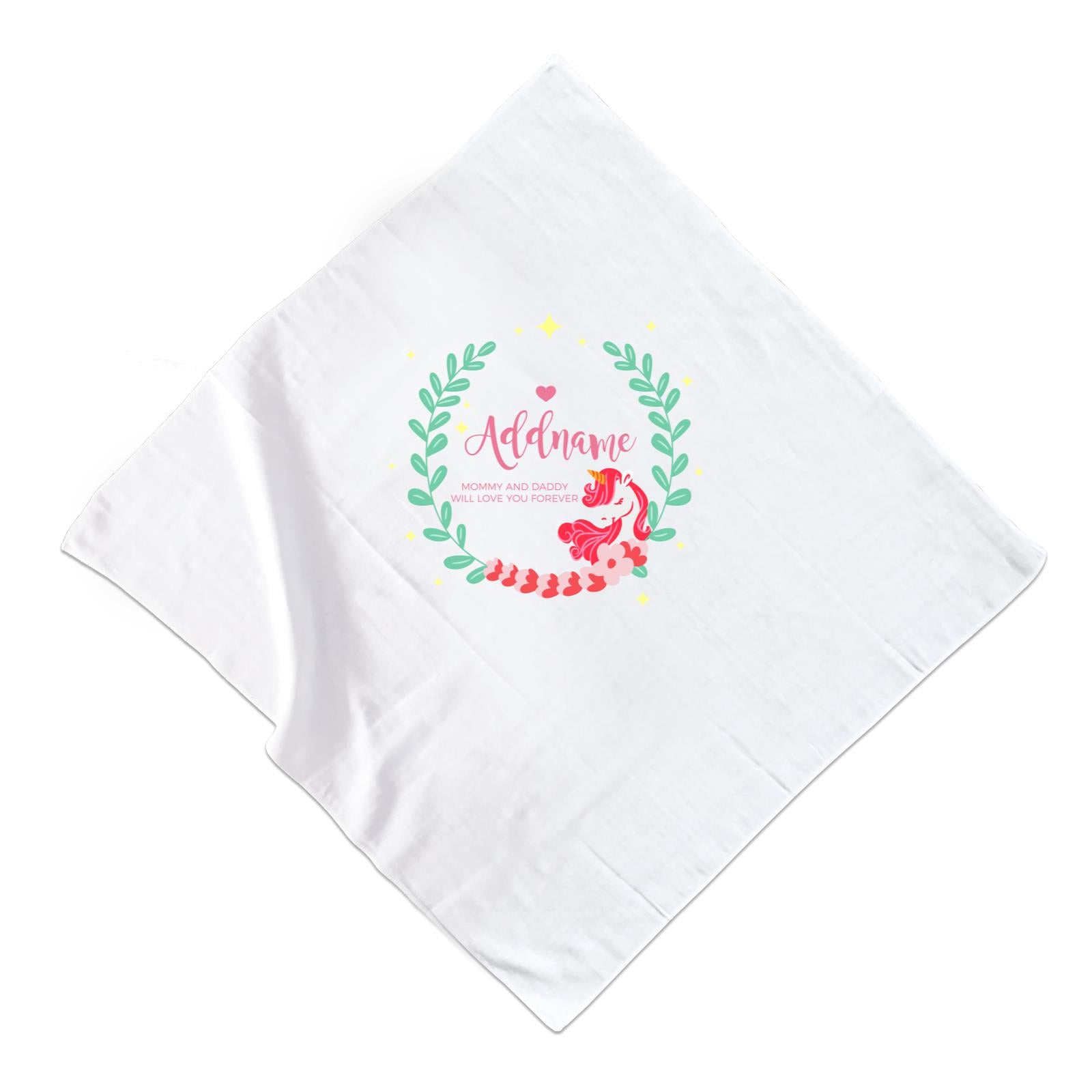 Cute Pink Unicorn with Pastel Green Leaves Wreath Personalizable with Name and Text Muslin Square