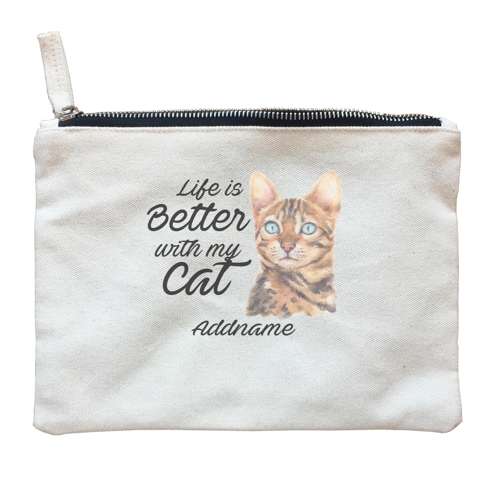 Watercolor Life is Better With My Cat Bengal Addname Zipper Pouch