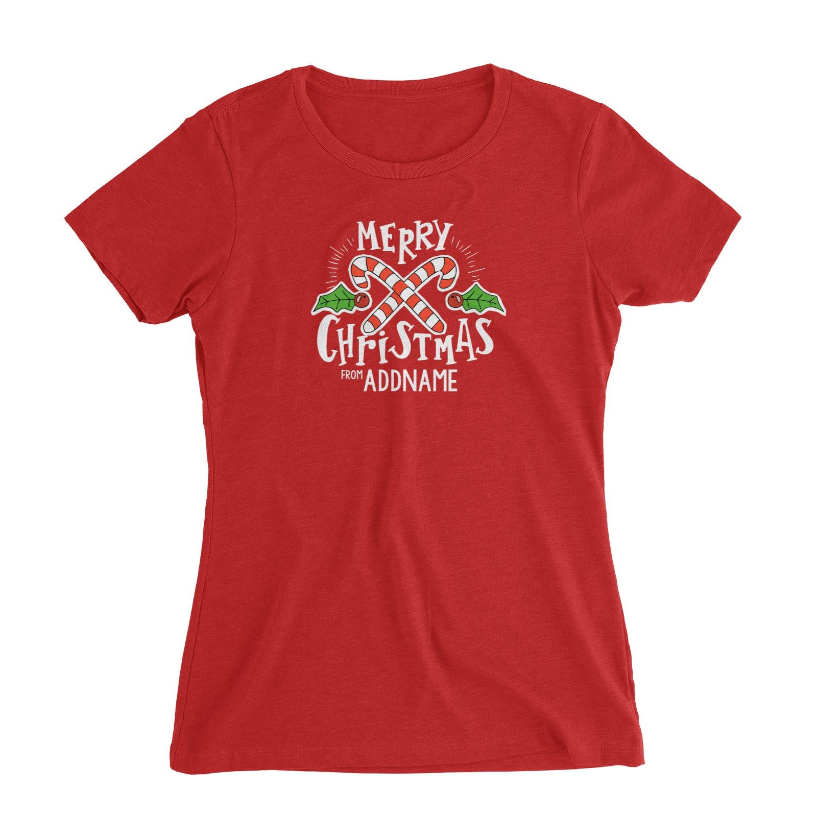 Merry Chrismas with Holly and Candy Cane Greeting Addname Women's Slim Fit T-Shirt Christmas Matching Family Personalizable Designs Lettering