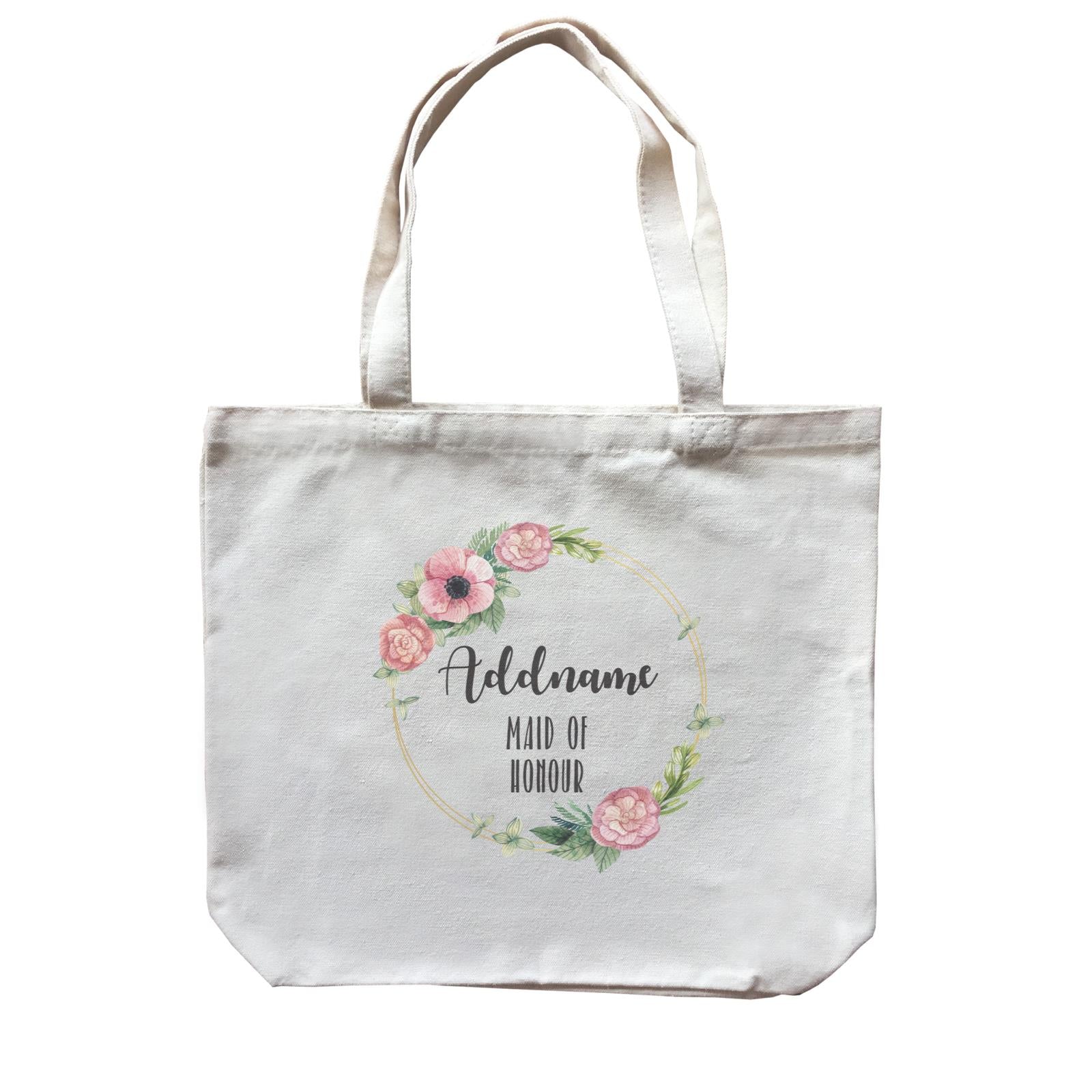 Bridesmaid Floral Sweet Pink Flower Wreath With Circle Maid Of Honour Addname Canvas Bag