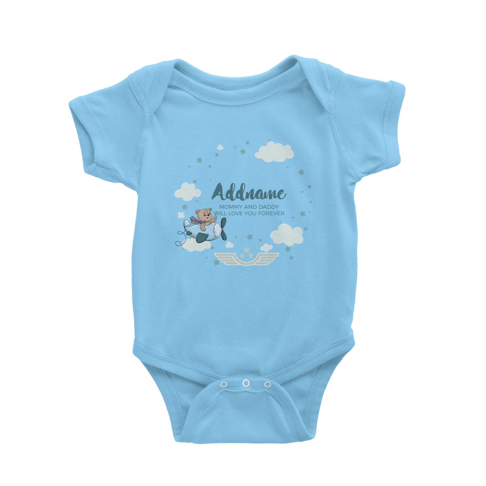Cute Bear Pilot in Blue Plane Clouds and Stars Element Personalizable with Name and Text Baby Romper