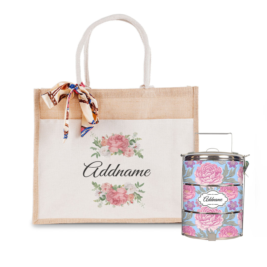 Peony Flower Tiffin Carrier and Jute Bag with Front Pocket Set
