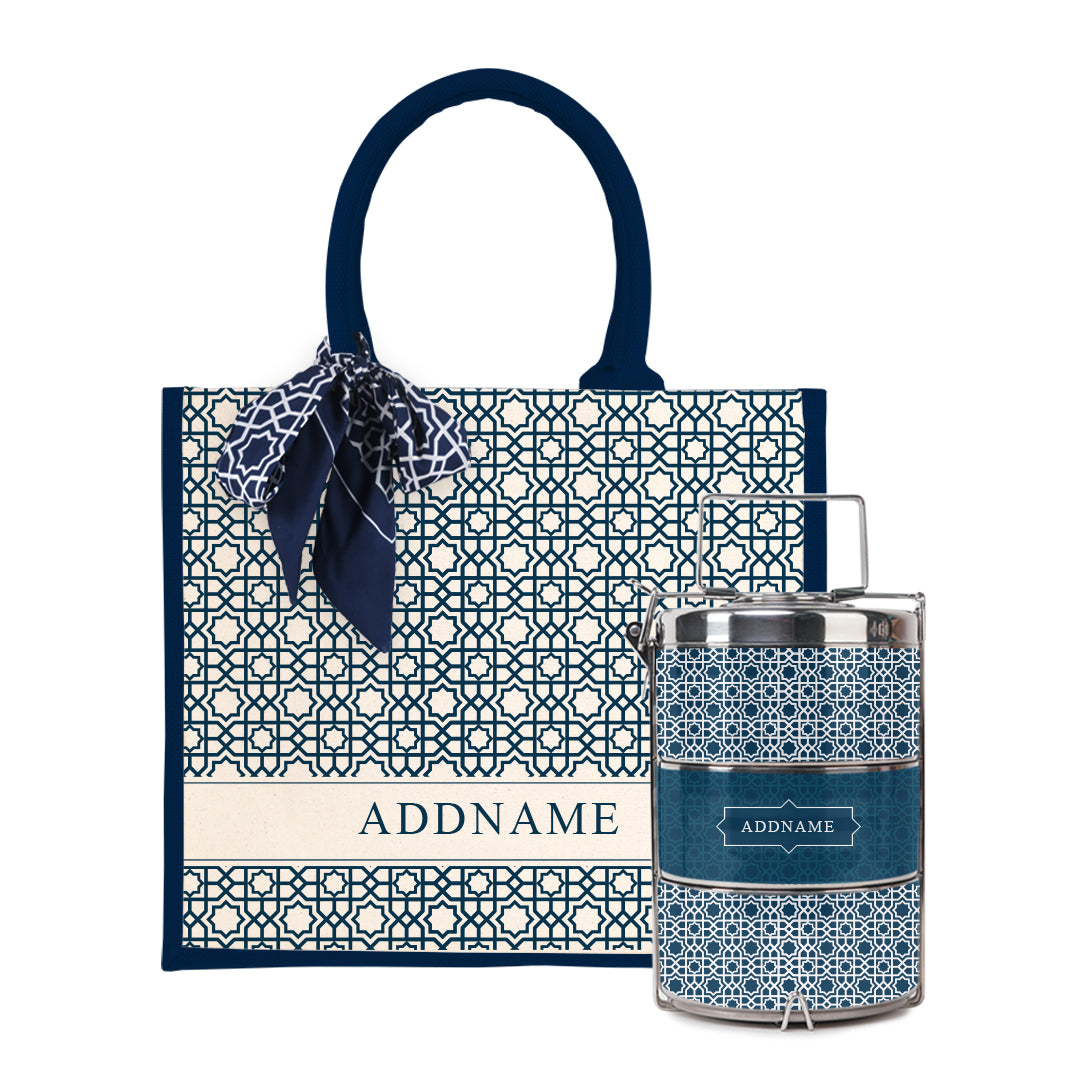 Annas Series - Prussian Blue Half Lining Jute Bag with Tiffin Carrier