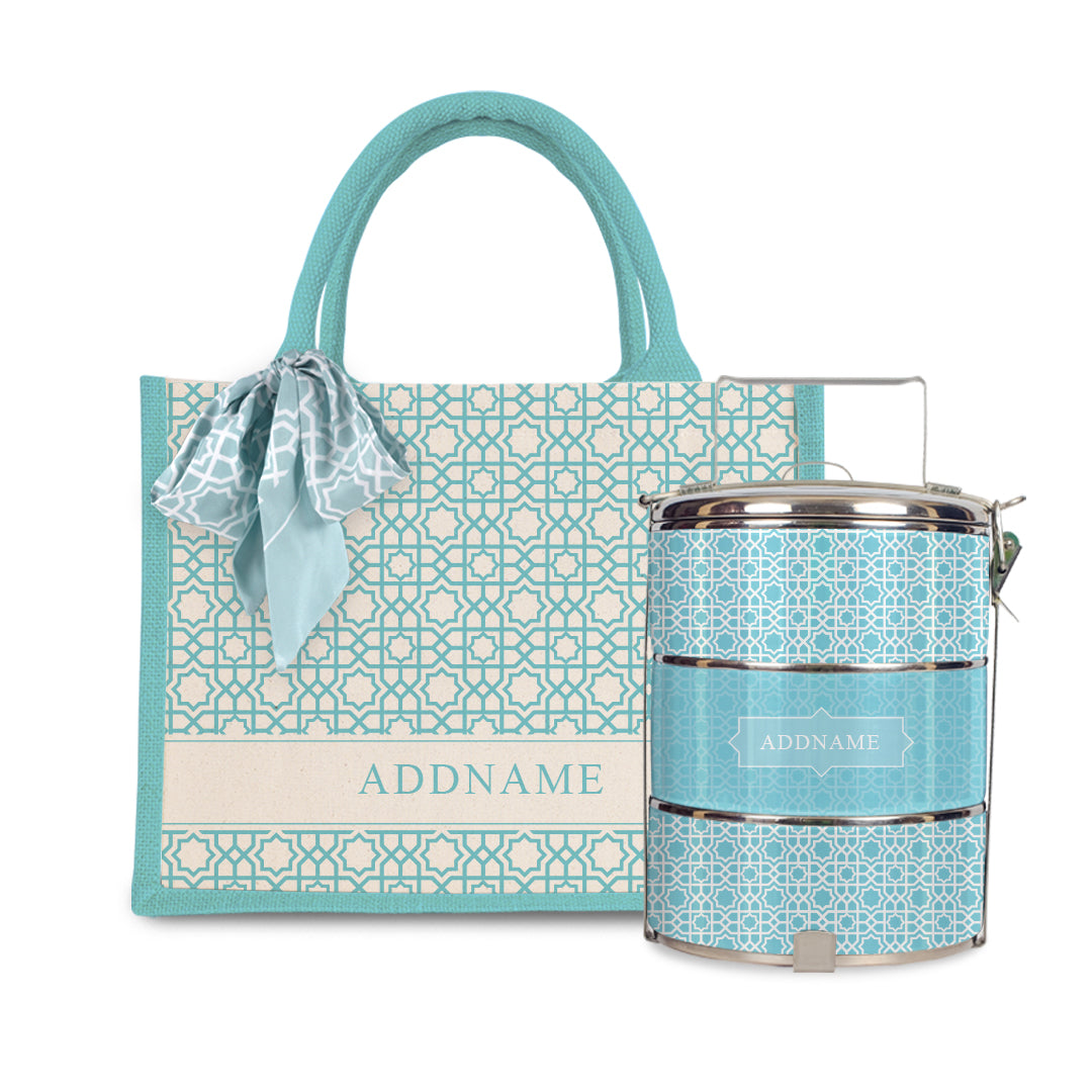 Annas Series - Sky Blue Half Lining Small Jute Bag with Tiffin Carrier