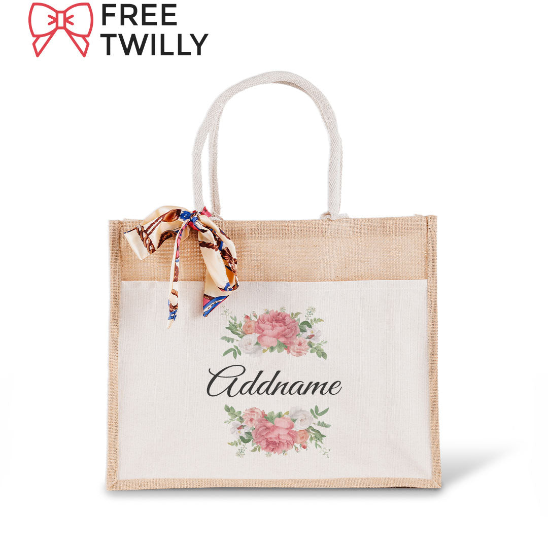 Peony Flower Jute Bag with Front Pocket