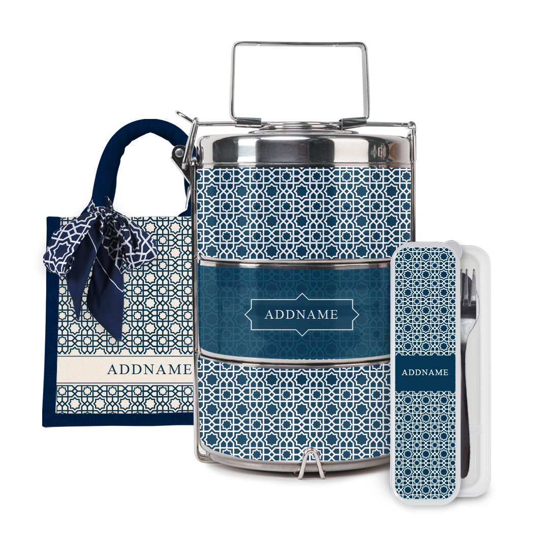 Annas Series - Prussian Blue Half Lining Lunch Bag, Tiffin Carrier and Cutlery Set