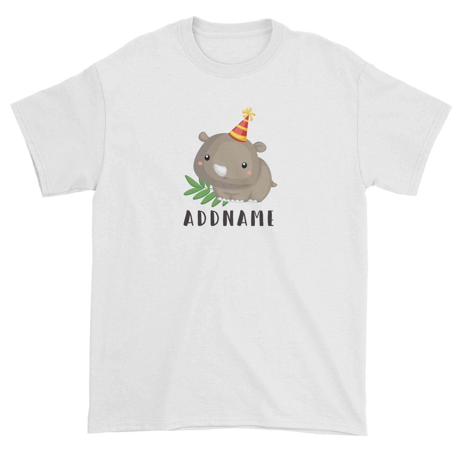 Birthday Safari Rhino Wearing Party Hat Addname Unisex T-Shirt
