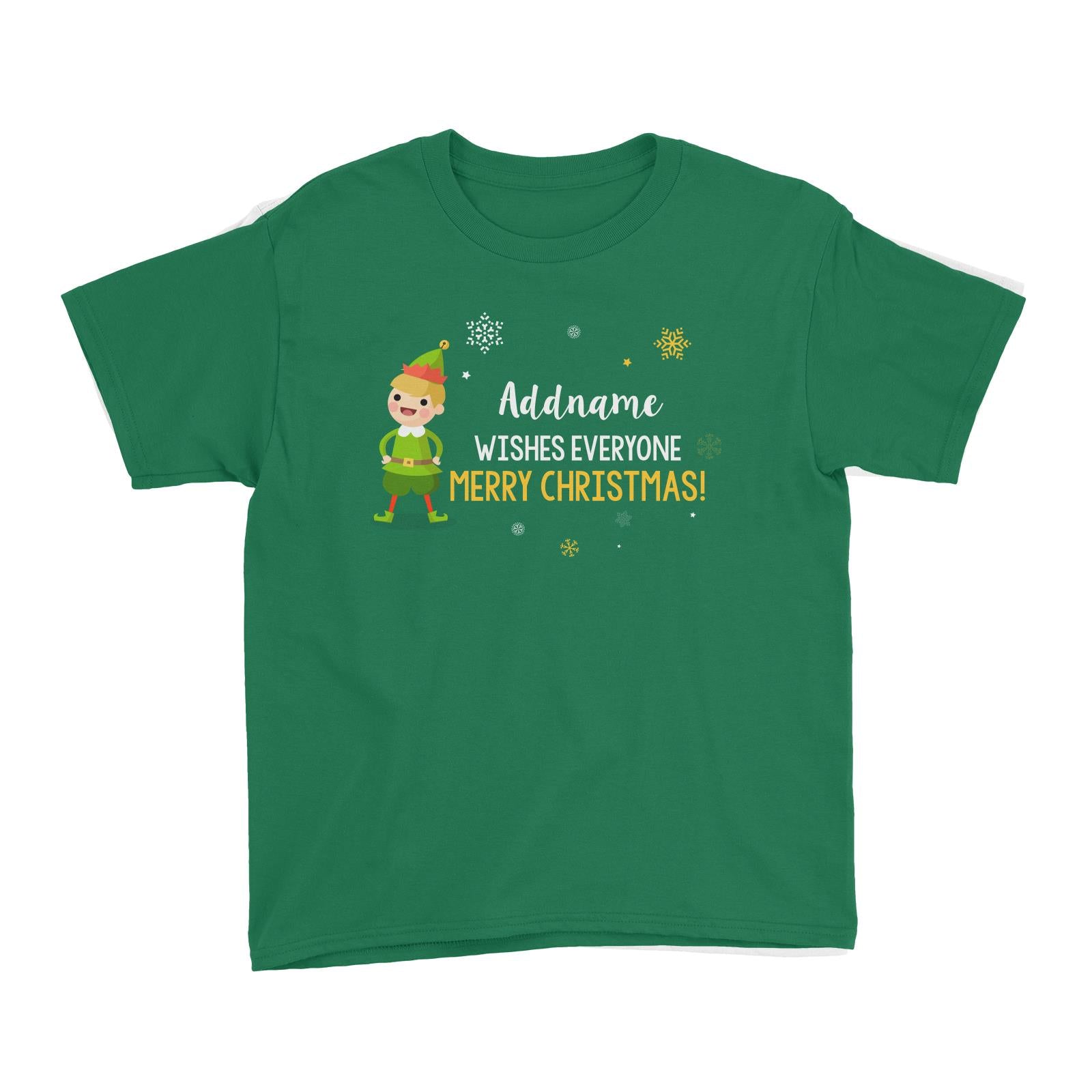 Cute Elf Boy Wishes Everyone Merry Christmas Addname Kid's T-Shirt  Matching Family Personalizable Designs