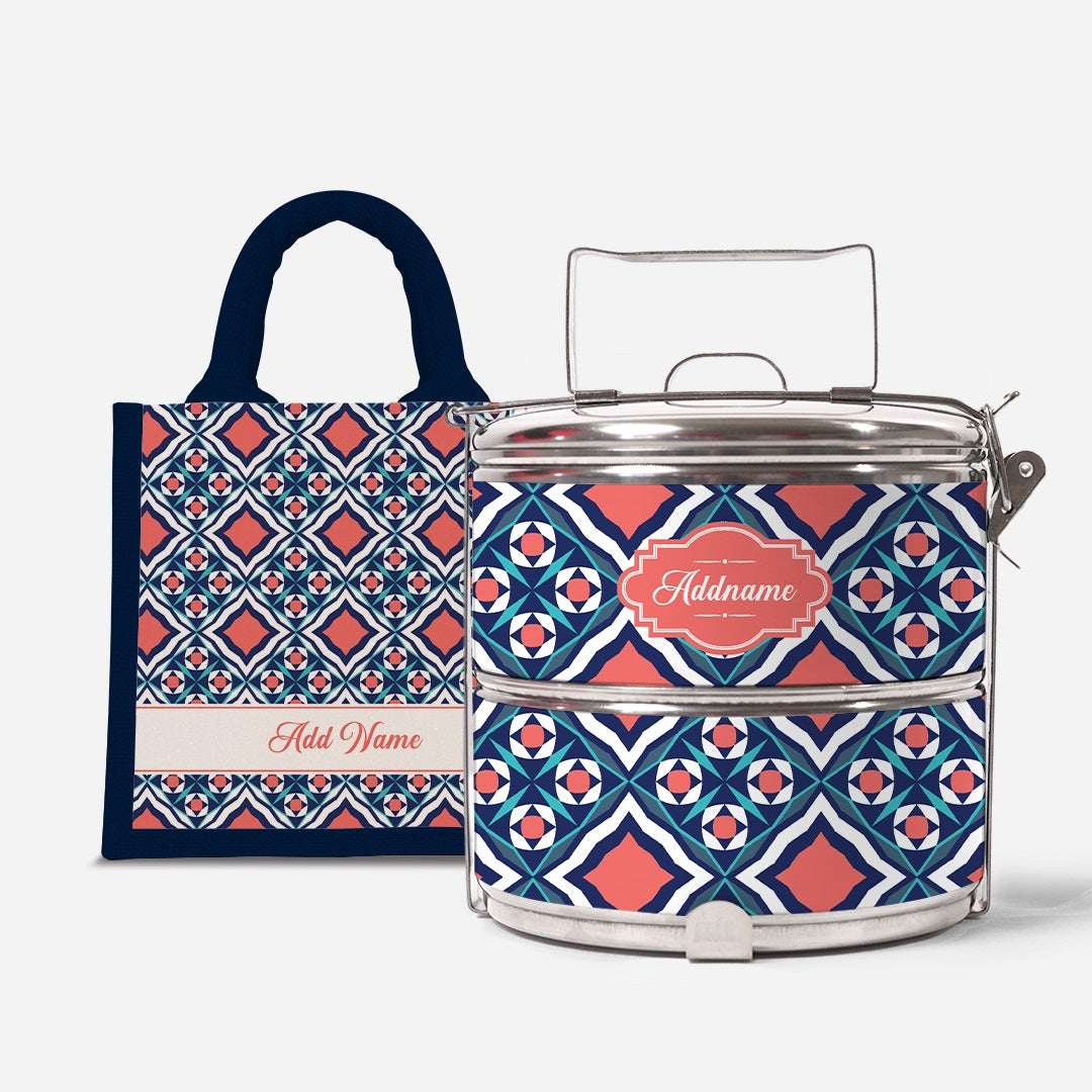 Moroccan Series Standard Two Tier Tiffin With Half Lining Lunch Bag  - Chihab Navy