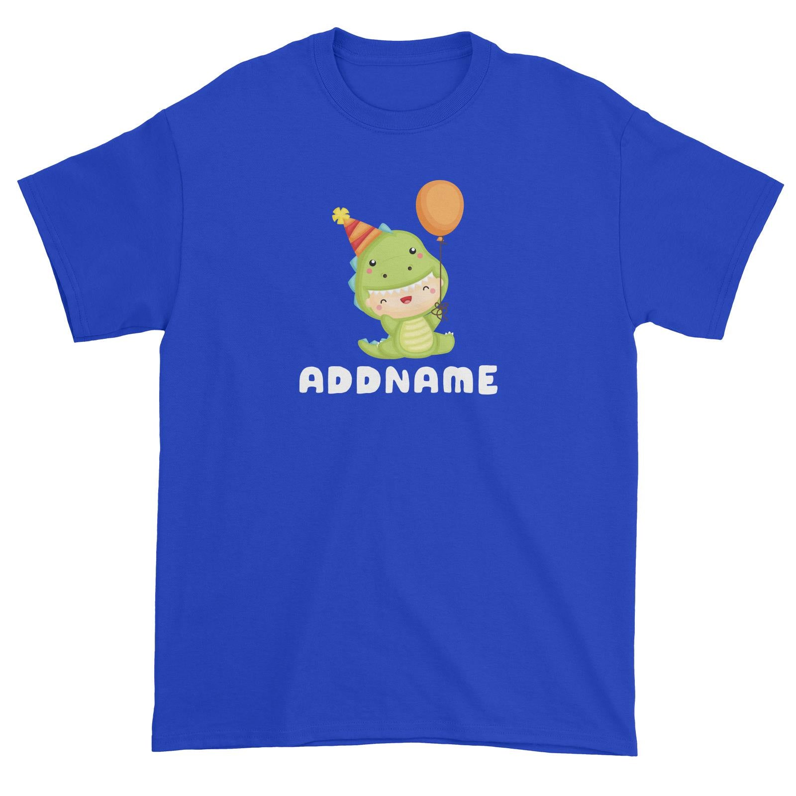 Birthday Dinosaur Happy Baby Wearing Dinosaur Suit And Party Hat Addname Unisex T-Shirt