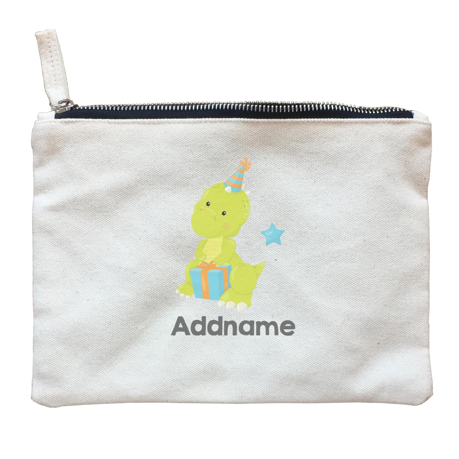 Dino Birthday Green Rex With Birthday Gift and Hat Addname Zipper Pouch