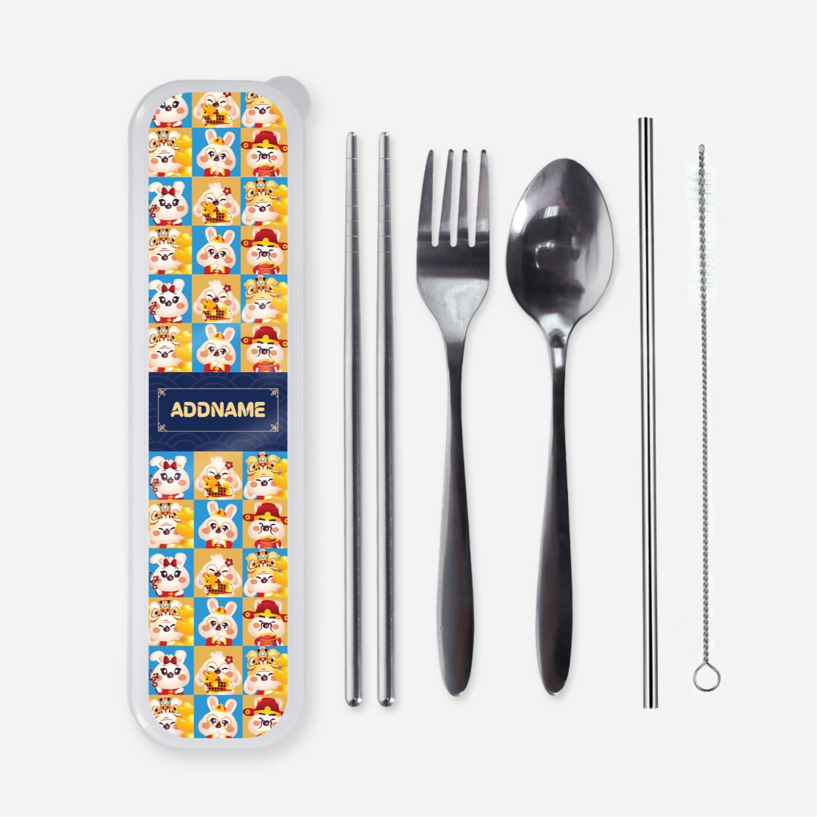 Cny Rabbit Family - Rabbit Family Blue Cutlery With English Personalization