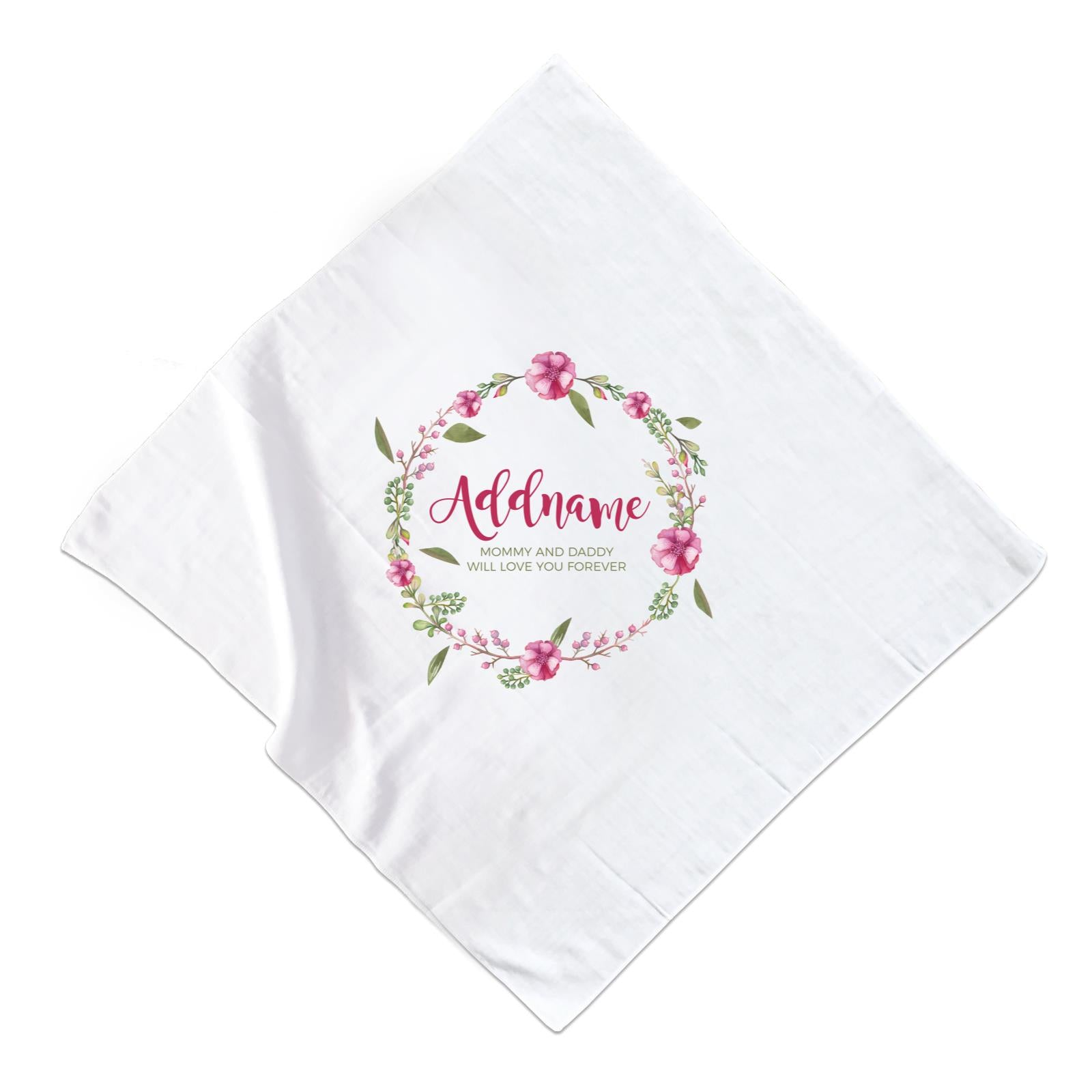 Pink Flower Wreath Personalizable with Name and Text Muslin Square