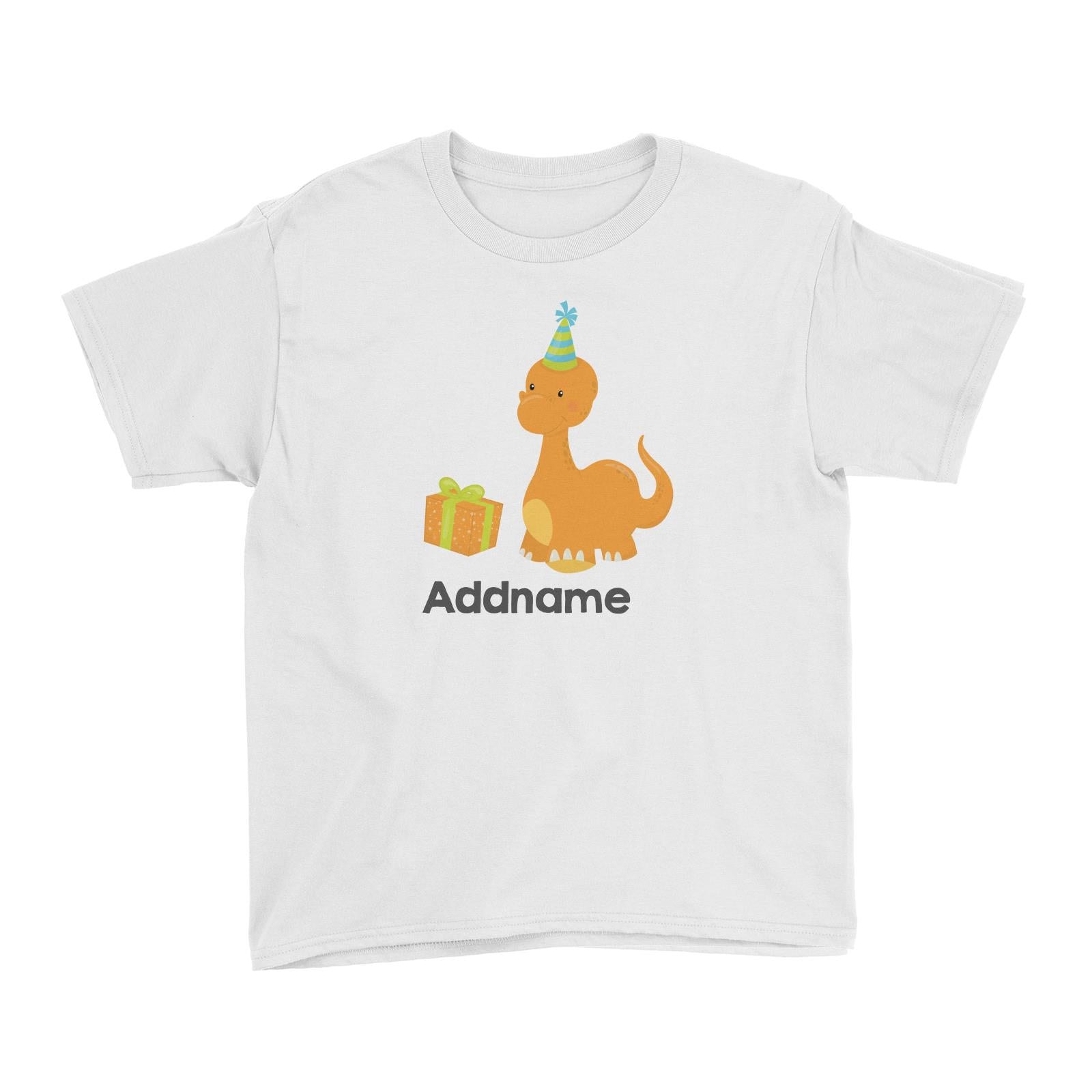 Dino Birthday Orange Long Neck WIth Birthday Gift and Hat Addname Kid's T-Shirt