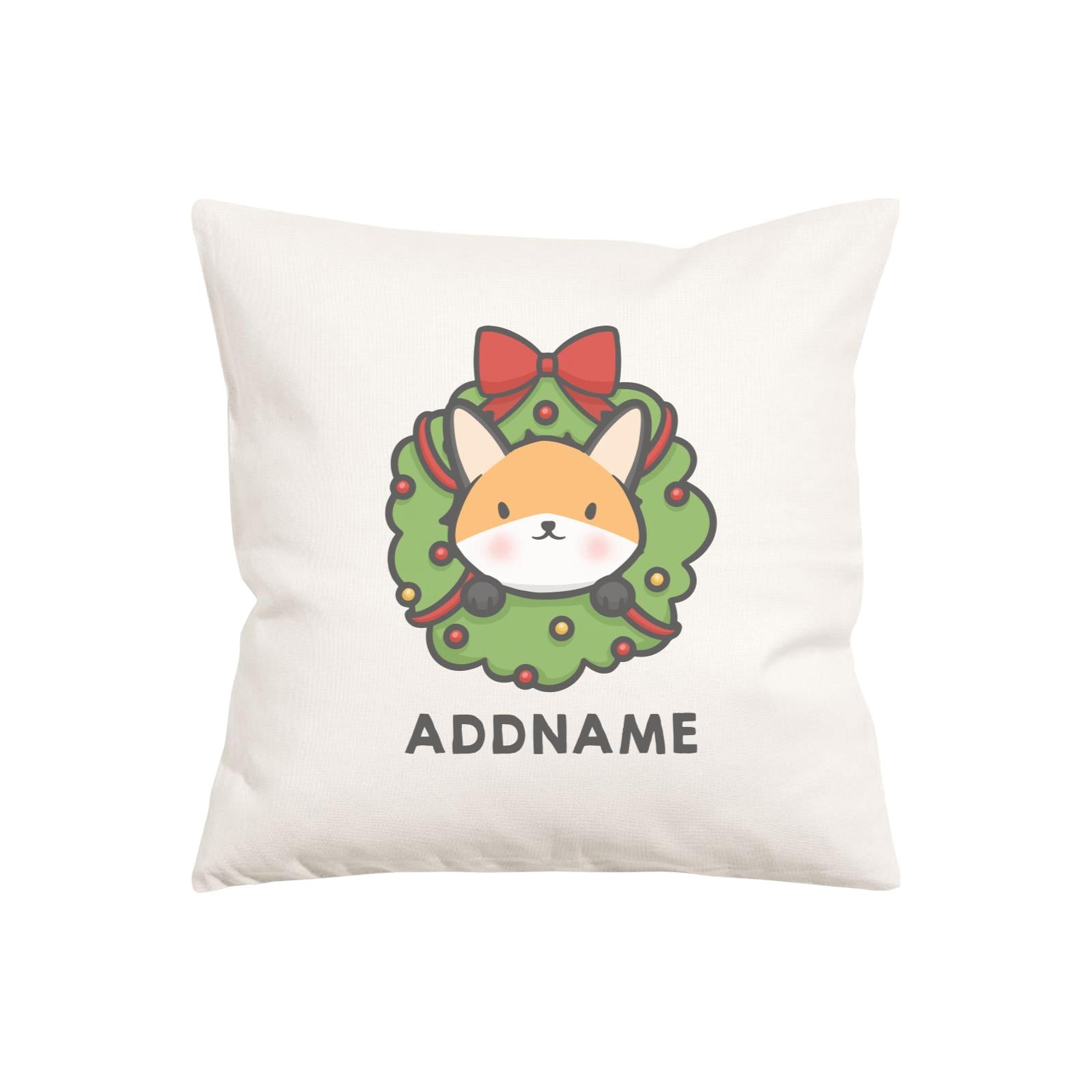 Xmas Cute Flower Wreath Fox Addname Pillow Cushion