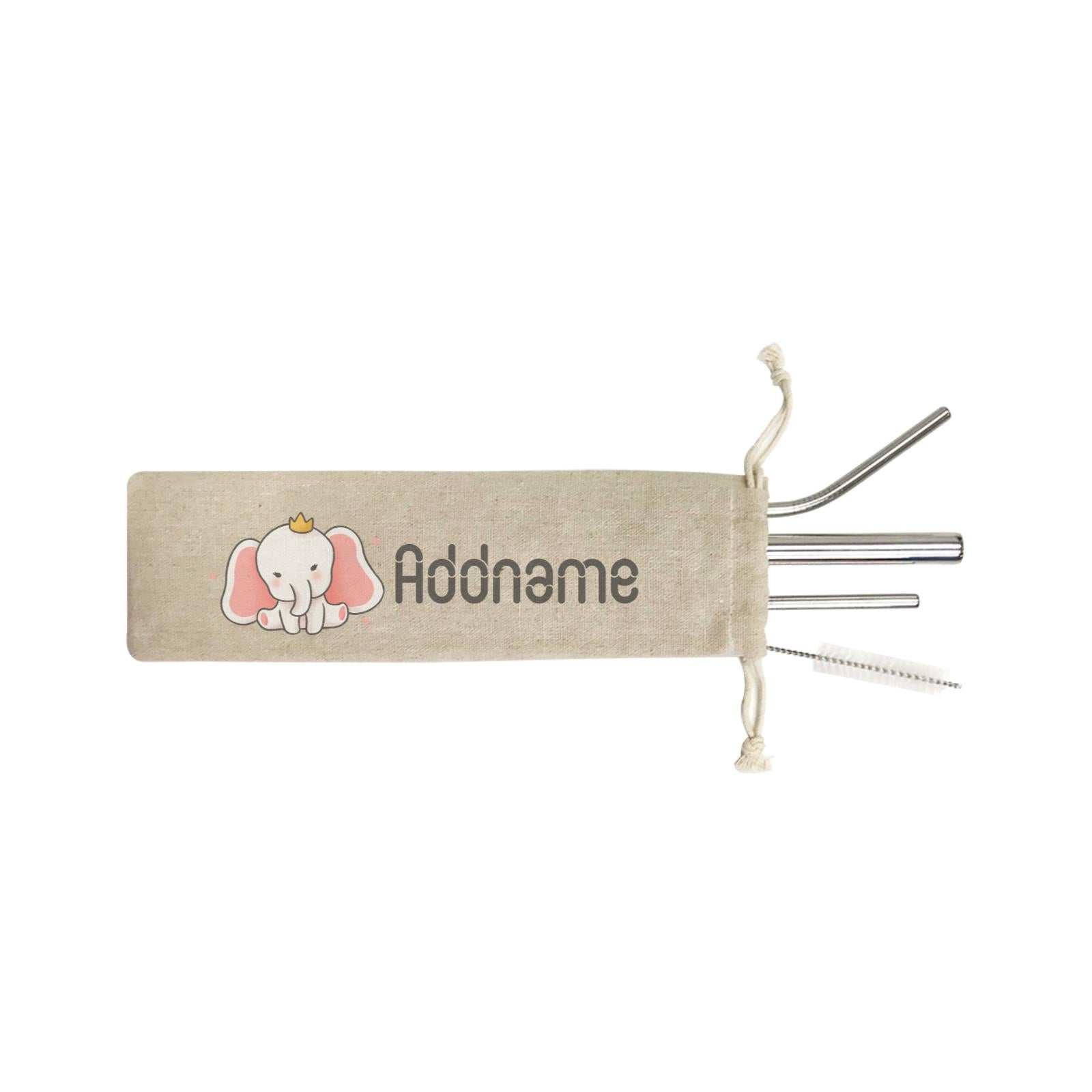Cute Hand Drawn Style Baby Elephant with Crown Addname ST SZP 4-In-1 Stainless Steel Straw Set in Satchel