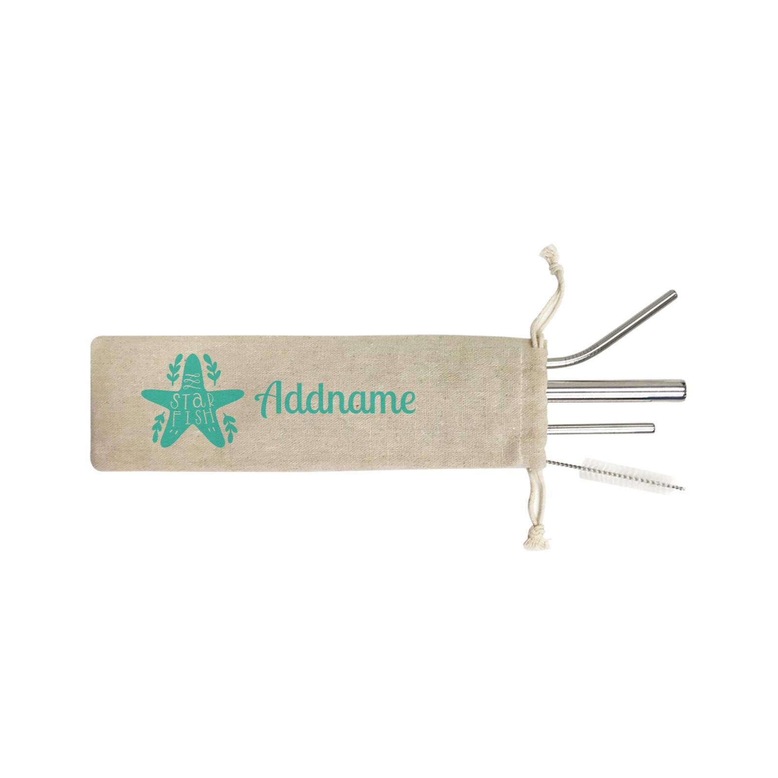 Sea Animal Silhouettes Starfish Addname SB 4-in-1 Stainless Steel Straw Set In a Satchel