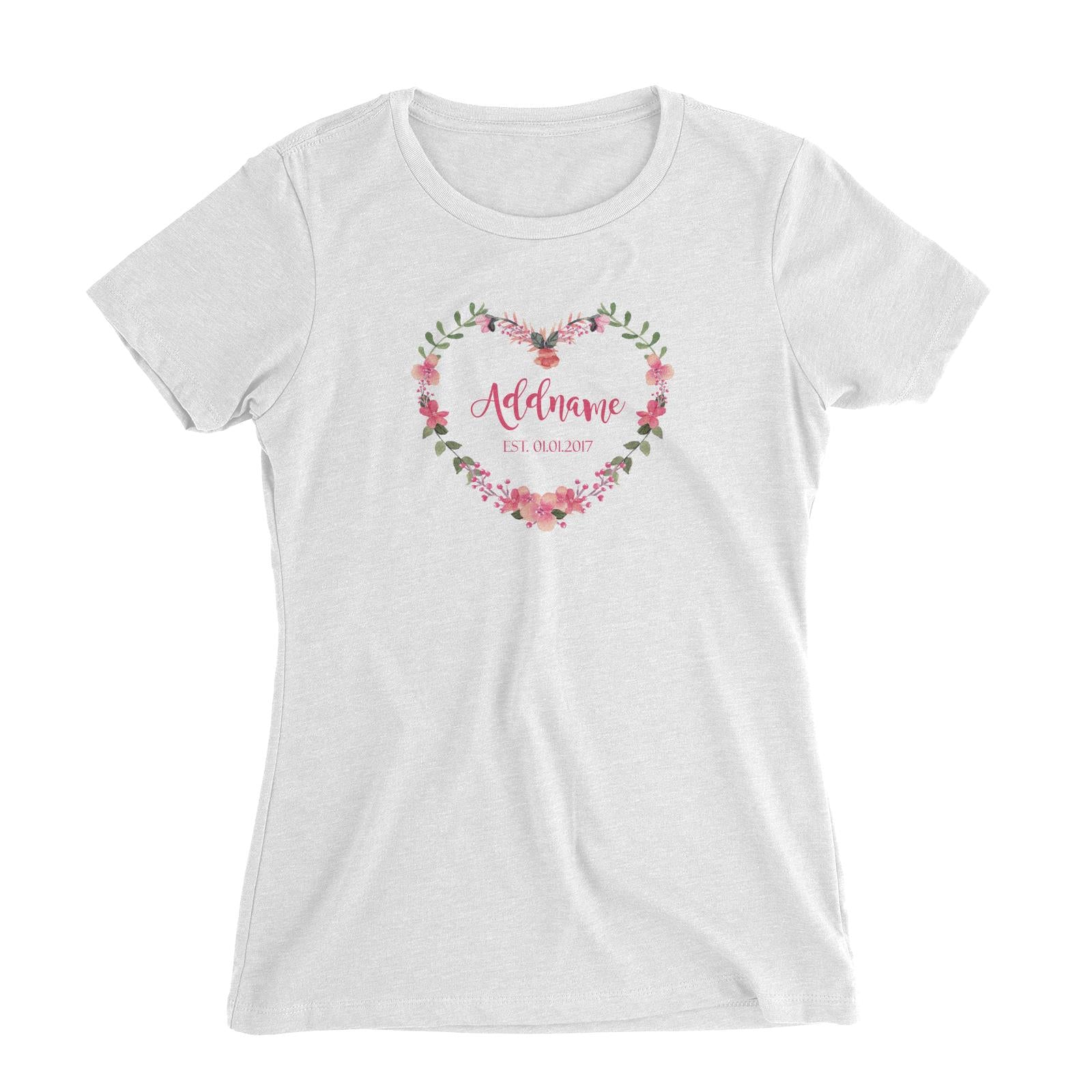 Add Name and Add Date in Pink Heart Shaped Flower Wreath Women's Slim Fit T-Shirt