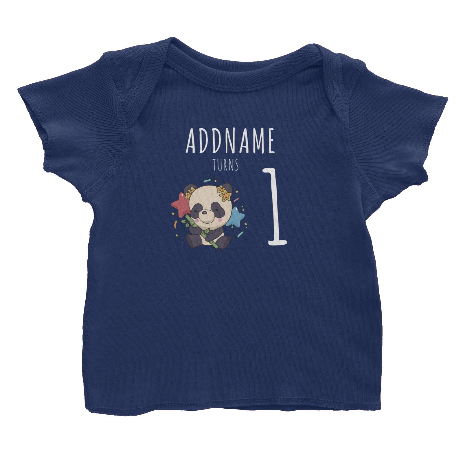 Birthday Sketch Animals Panda with Party Hat Holding Bamboo Addname Turns 1 Baby T-Shirt