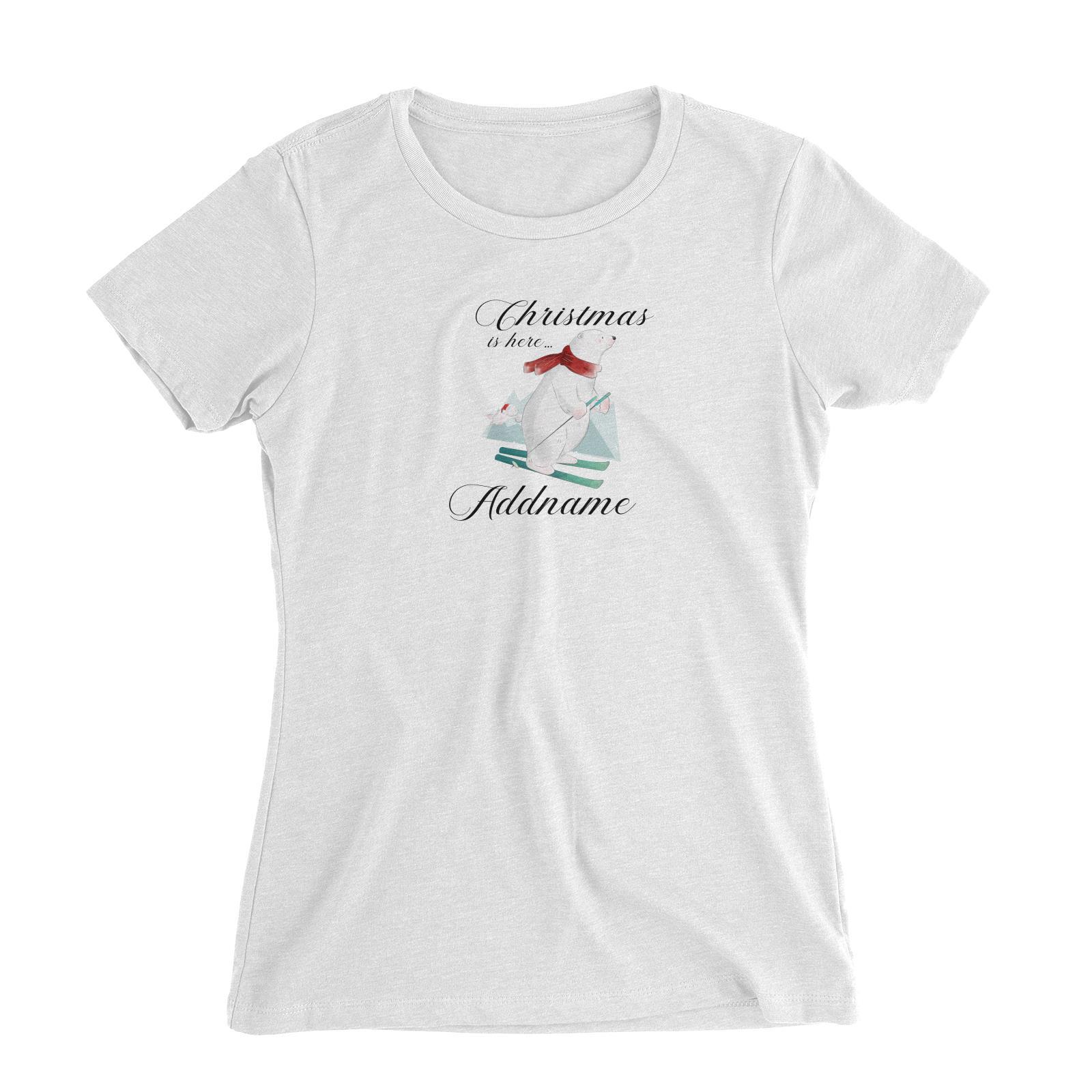 Christmas Cute Polar Bear Skating On Snow Christmas Here Addname Women Slim Fit T-Shirt