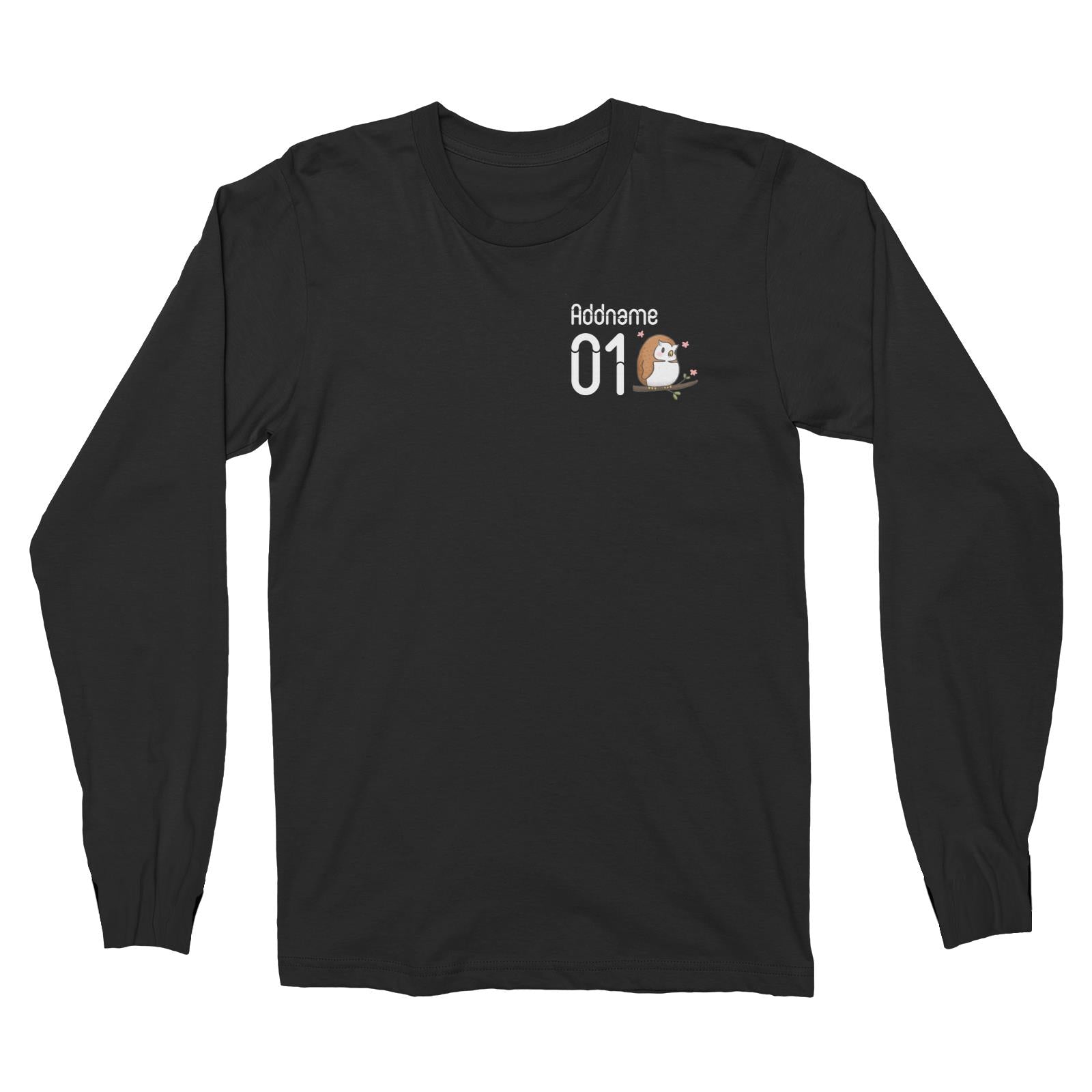 Pocket Name and Number Cute Hand Drawn Style Owl Long Sleeve Unisex T-Shirt