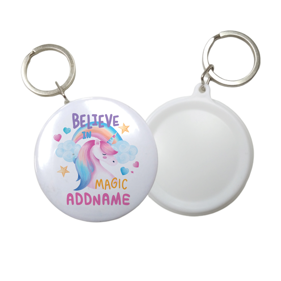 Children's Day Gift Series Believe In Magic Unicorn Addname Button Badge with Key Ring (58mm)
