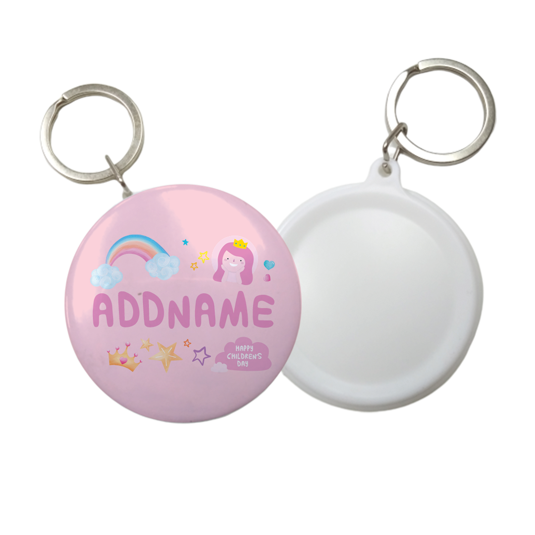 Children's Day Gift Series Cute Pink Girl Princess Rainbow Addname Button Badge with Key Ring (58mm)