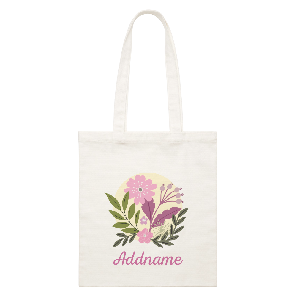 Floral Design With Pink Addname White Canvas Bag