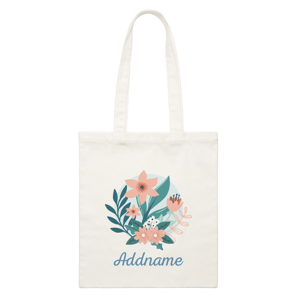 Floral Design With Turquoise Addname White Canvas Bag